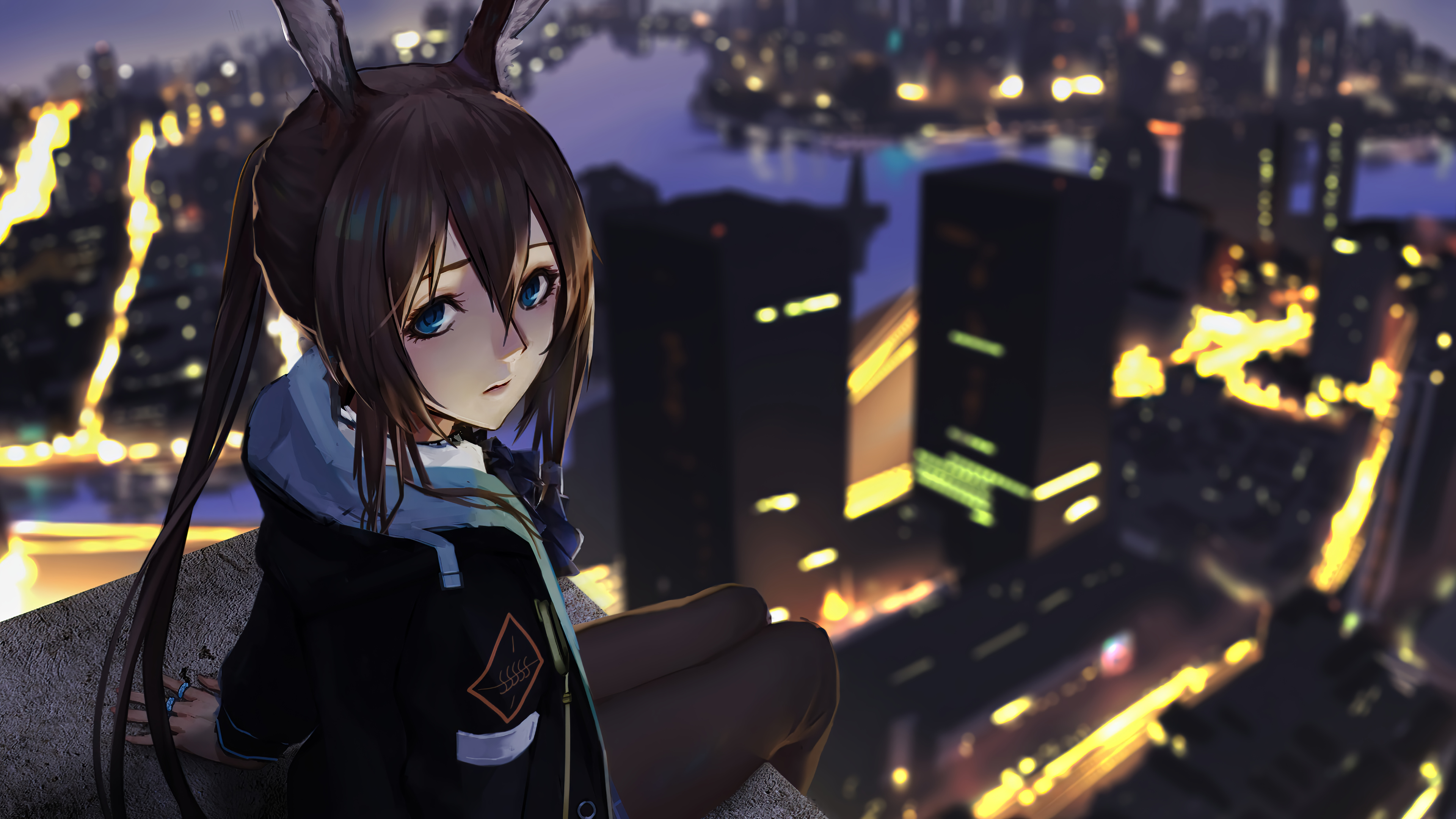 Amiya from Arknights sitting on a rooftop overlooking a city at night HD Wallpaper