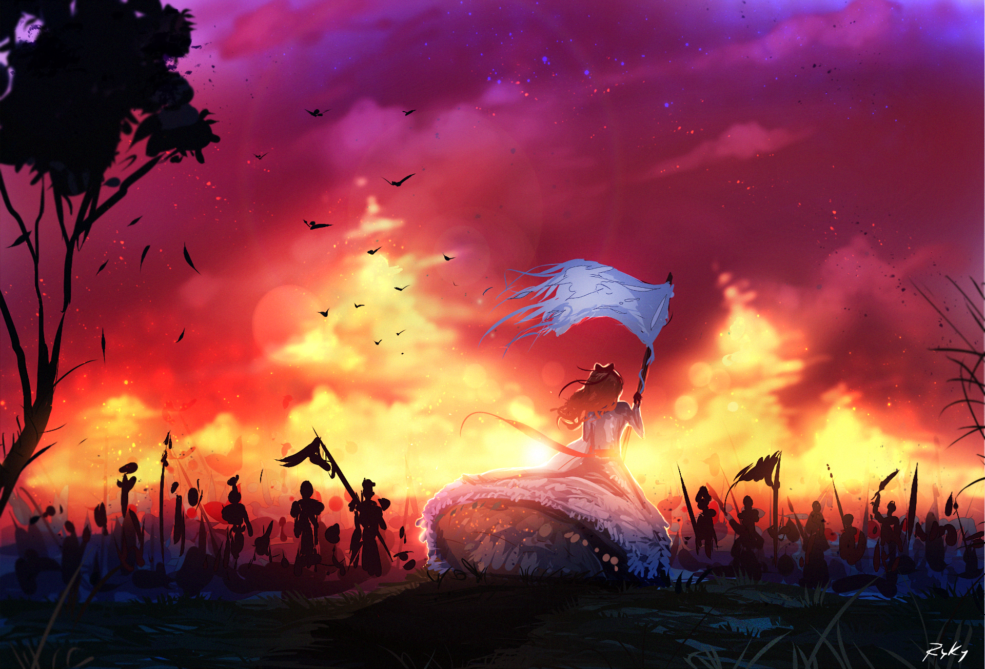 Woman with flag leading an army at sunset HD Wallpaper
