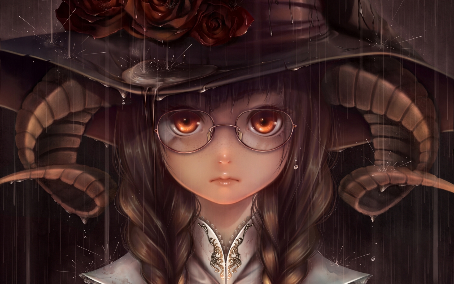 Witch with horns and glasses in the rain HD Wallpaper