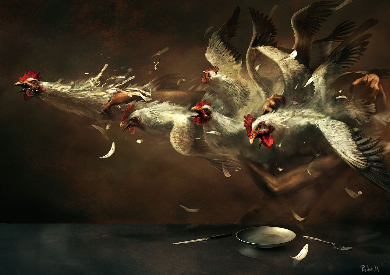 A surreal depiction of chickens with human arms HD Wallpaper