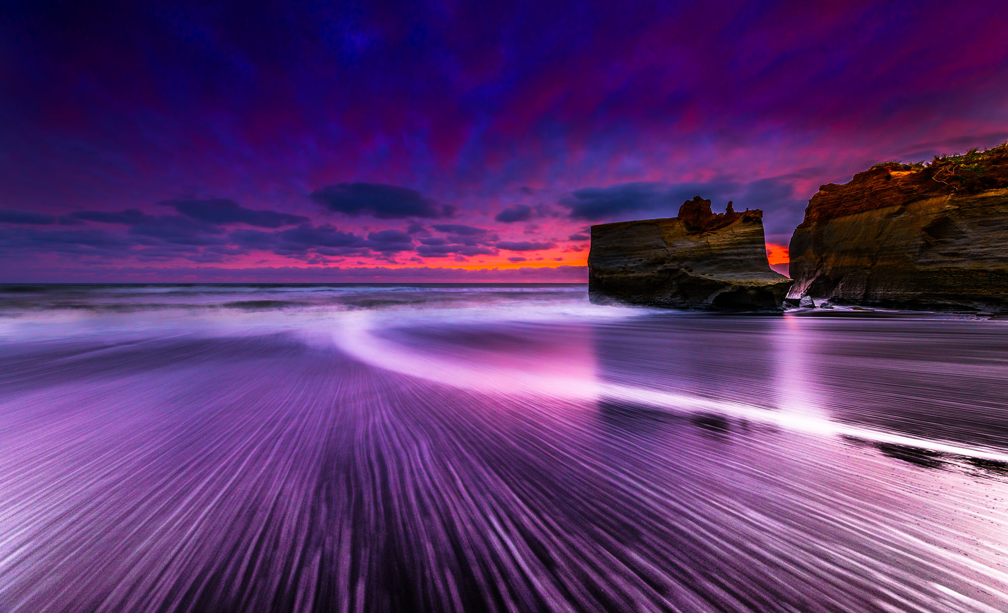 Purple Sunset Over Ocean With Rocks HD Wallpaper