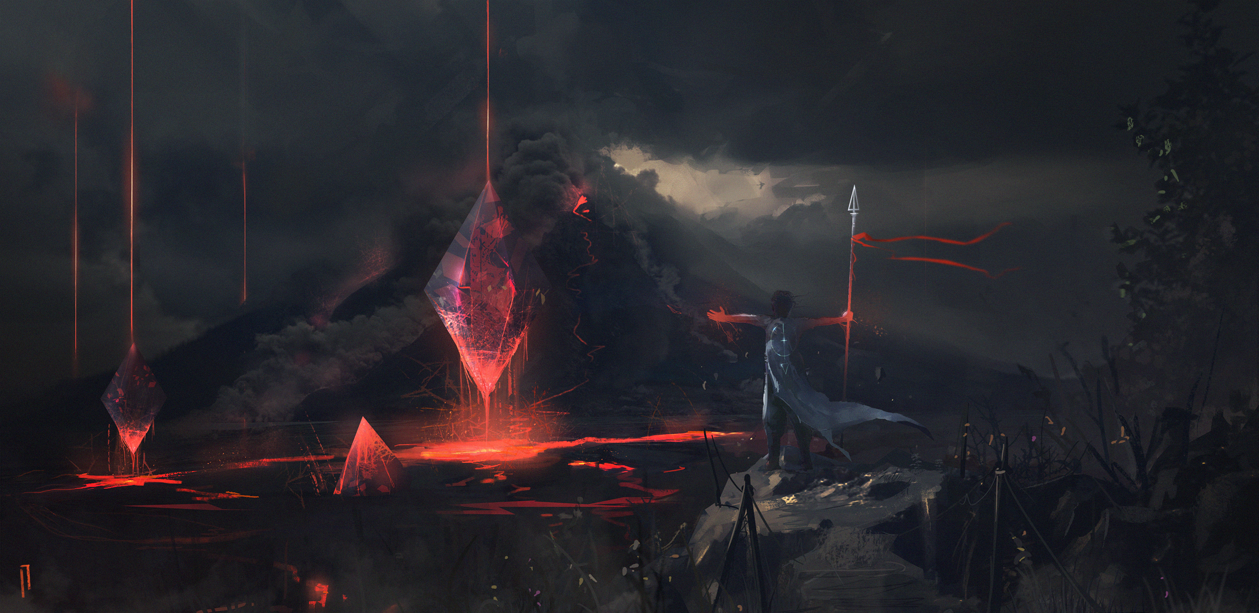 Fantasy landscape with crystals and volcano HD Wallpaper