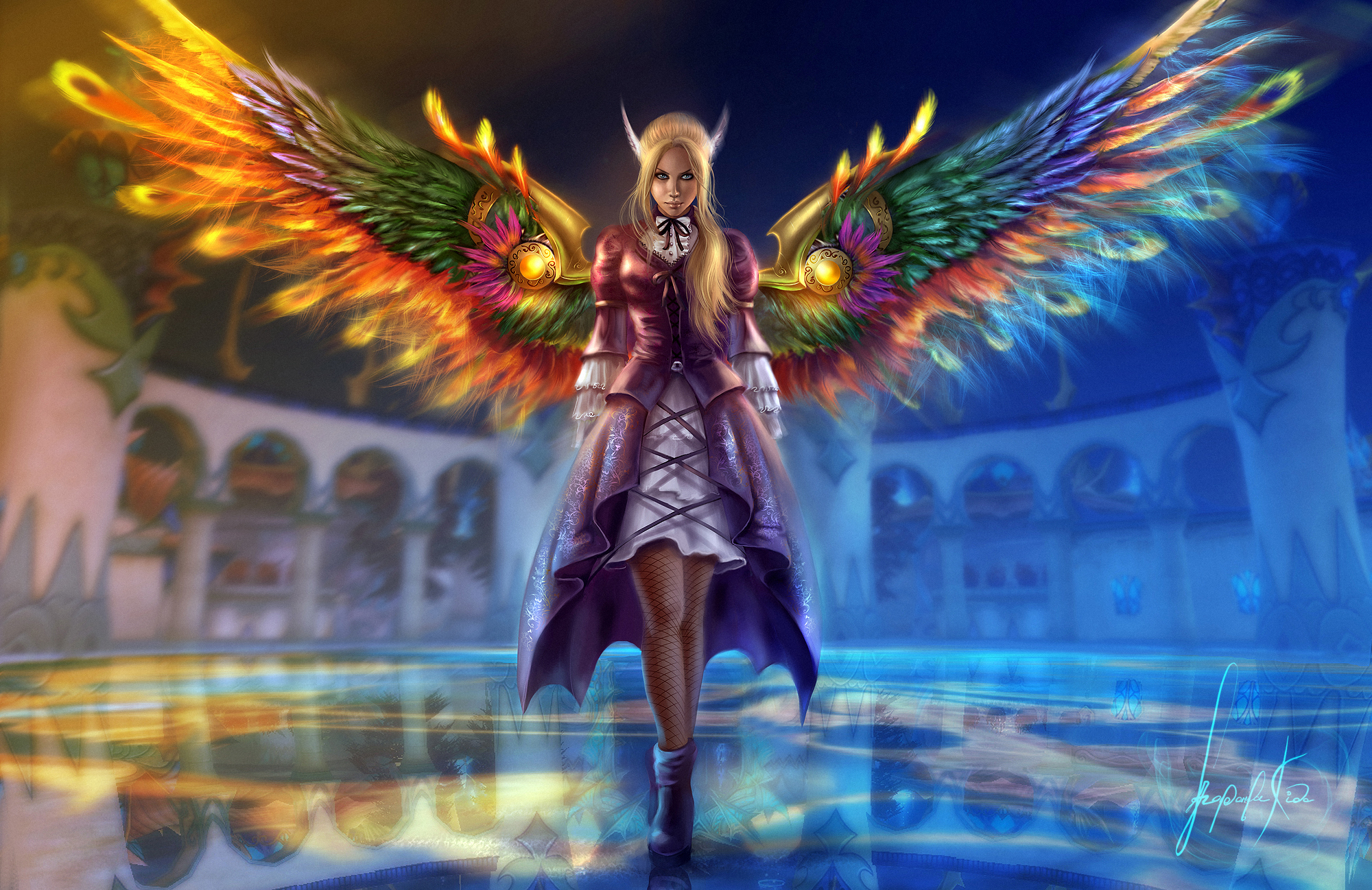Fantasy Angel with Colorful Wings in Ornate Hall HD Wallpaper