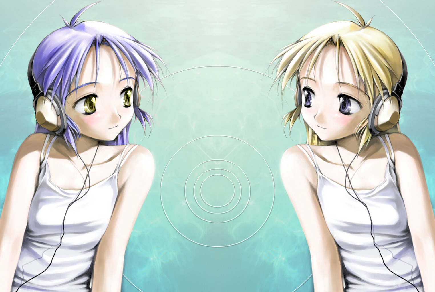 Two anime girls with headphones HD Wallpaper