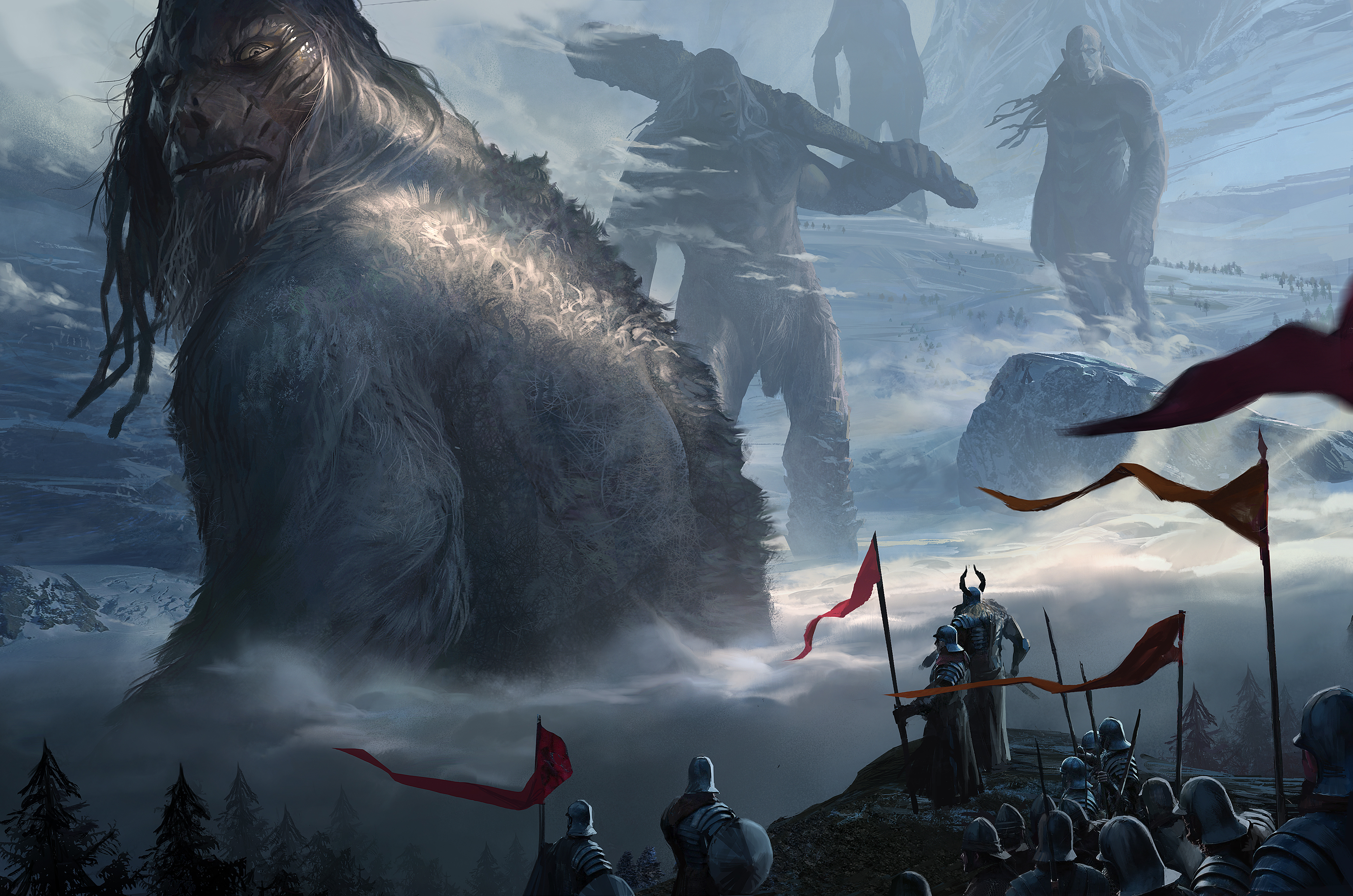 Fantasy Giants and Soldiers in Mountains HD Wallpaper