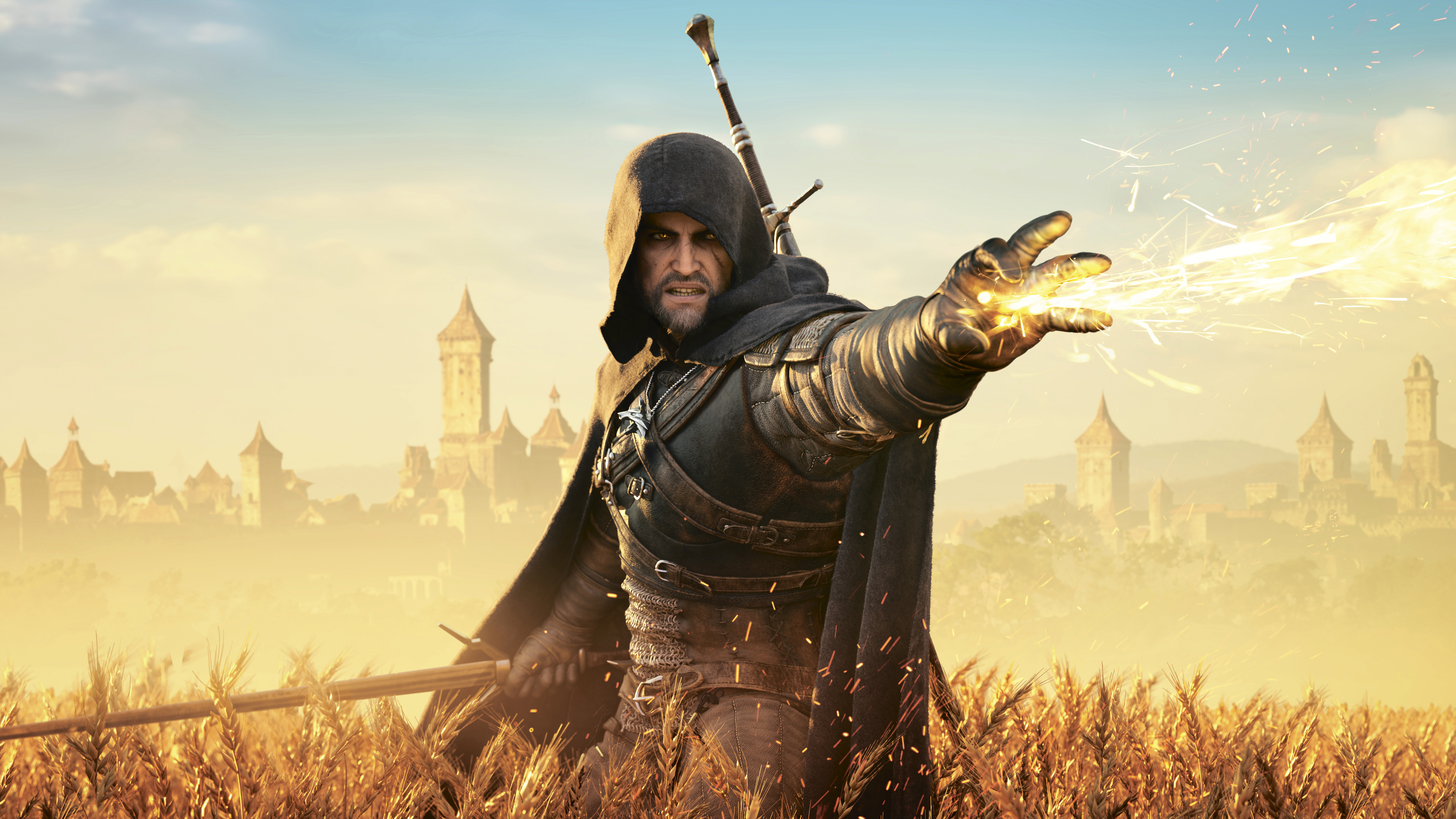 Geralt of Rivia casting a spell in a field HD Wallpaper