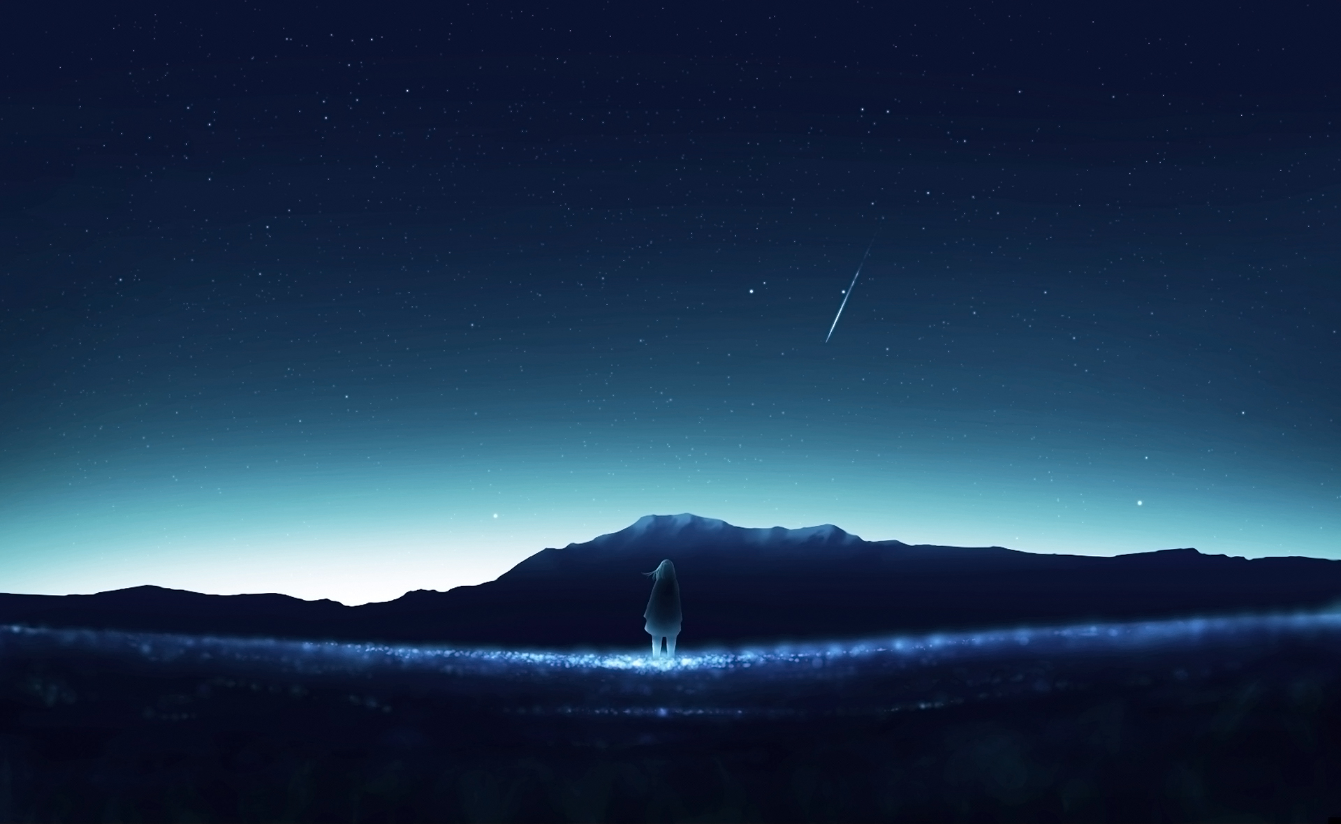 Anime girl watching a shooting star over mountains HD Wallpaper