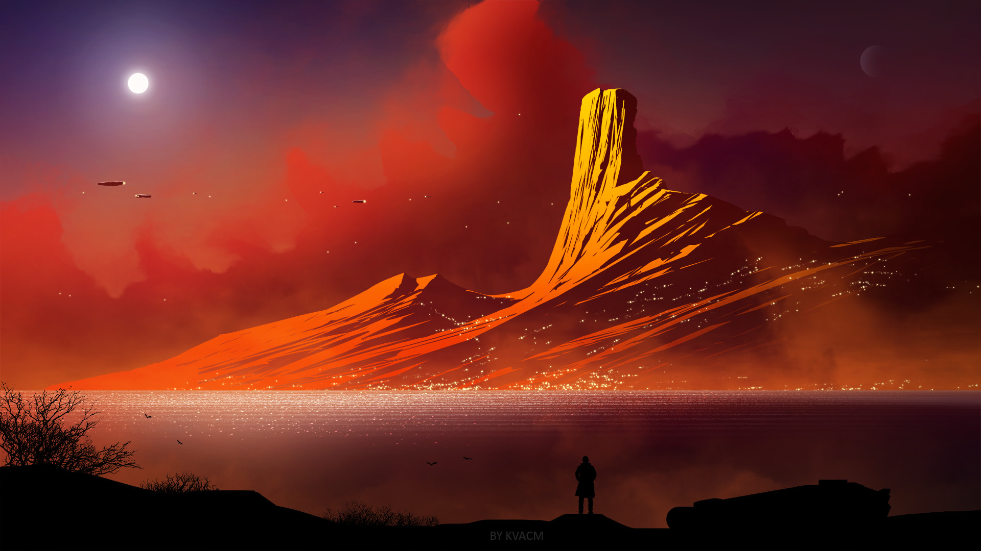 Alien landscape with moon and spacecraft HD Wallpaper