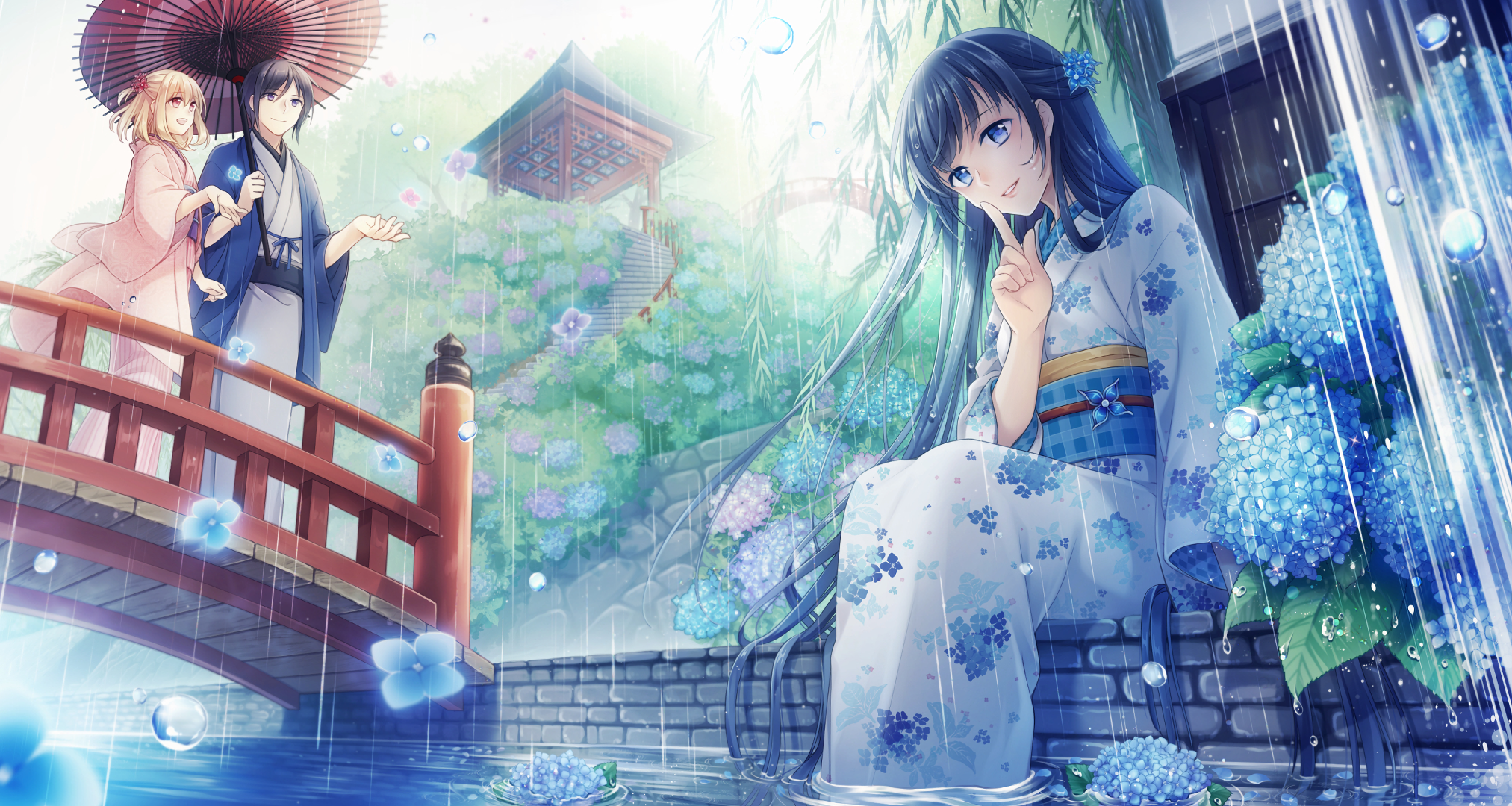 Anime couple on a bridge in the rain with hydrangeas HD Wallpaper