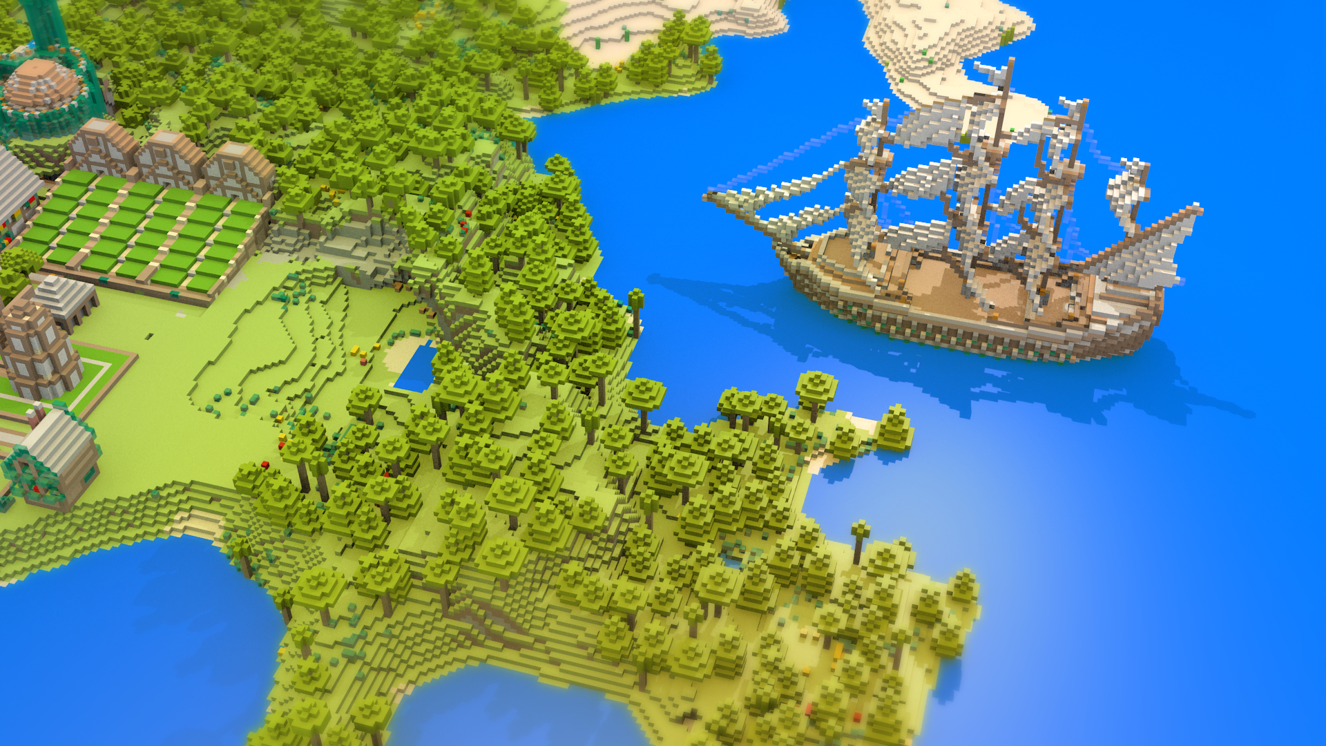 Minecraft world with a sailing ship and village HD Wallpaper