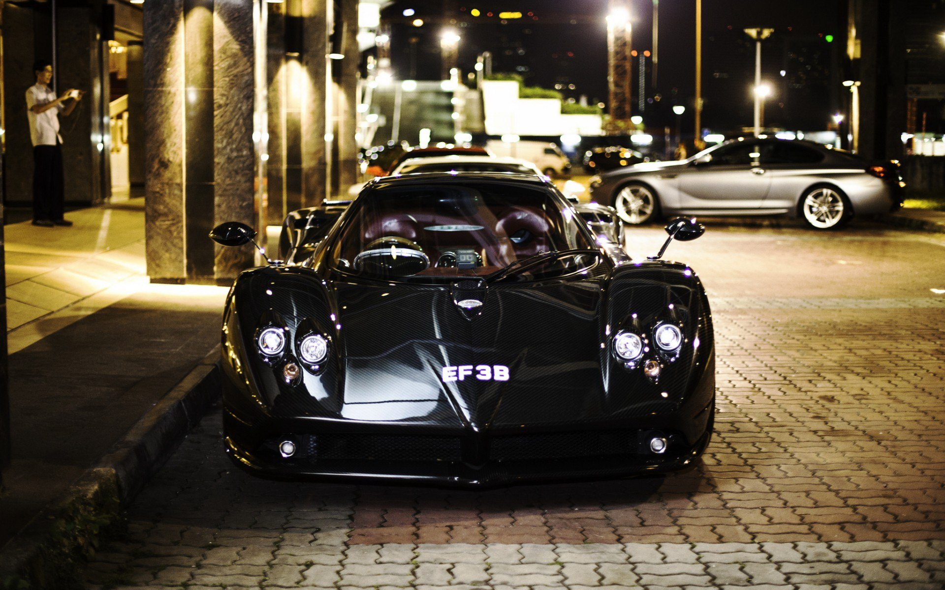 Black Pagani Zonda EF3B parked at night HD Wallpaper
