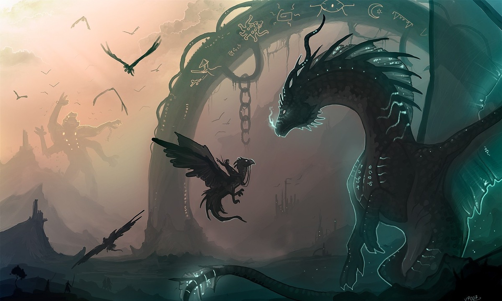 Dragons and mythical creatures in a fantasy landscape HD Wallpaper