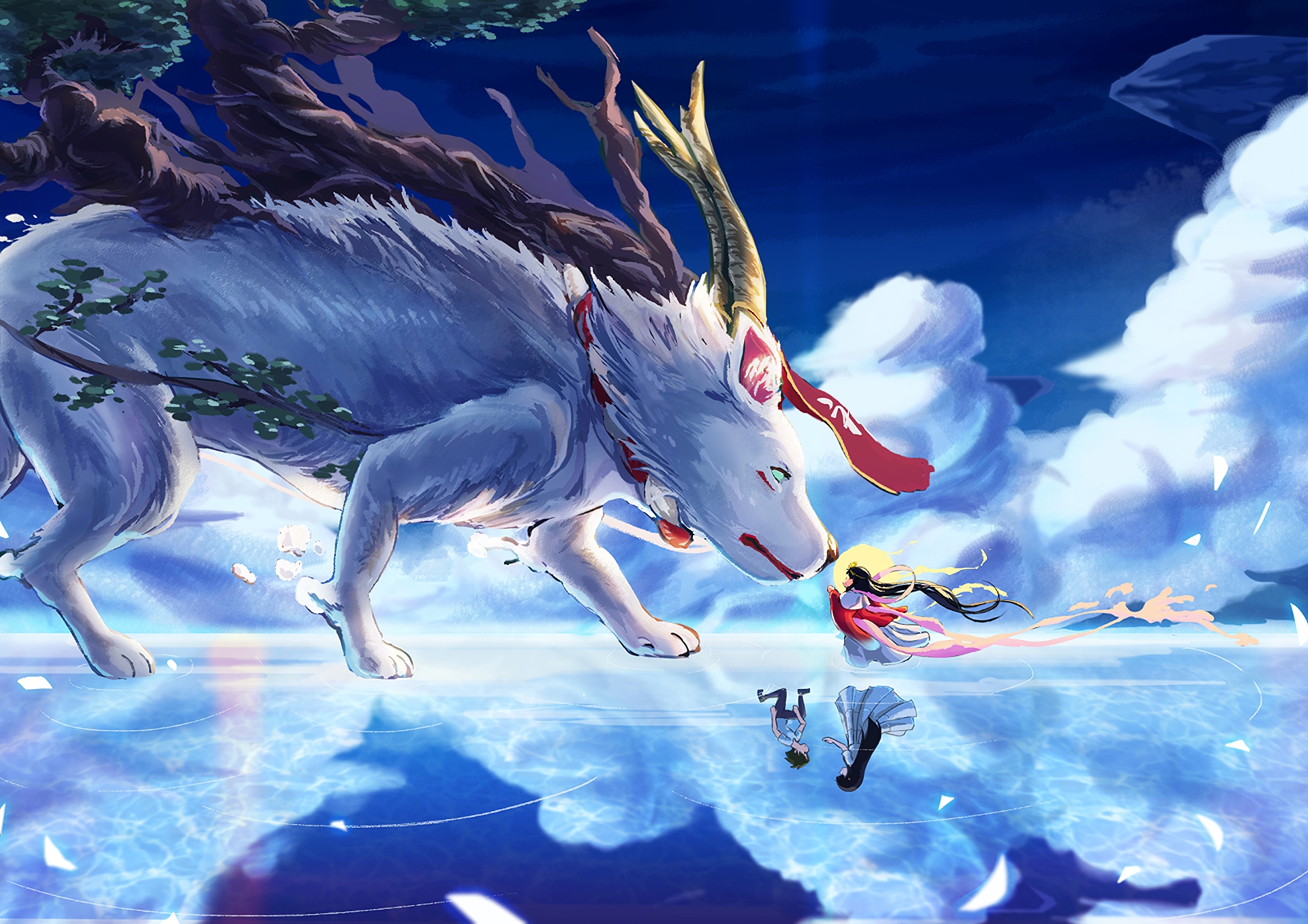 Anime girl and white wolf creature in sky HD Wallpaper