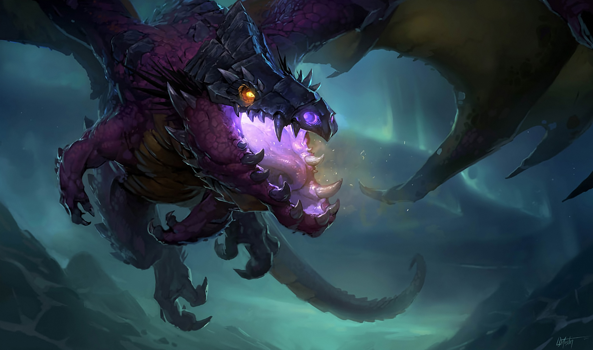 Violet Proto Drake breathing purple energy HD Wallpaper