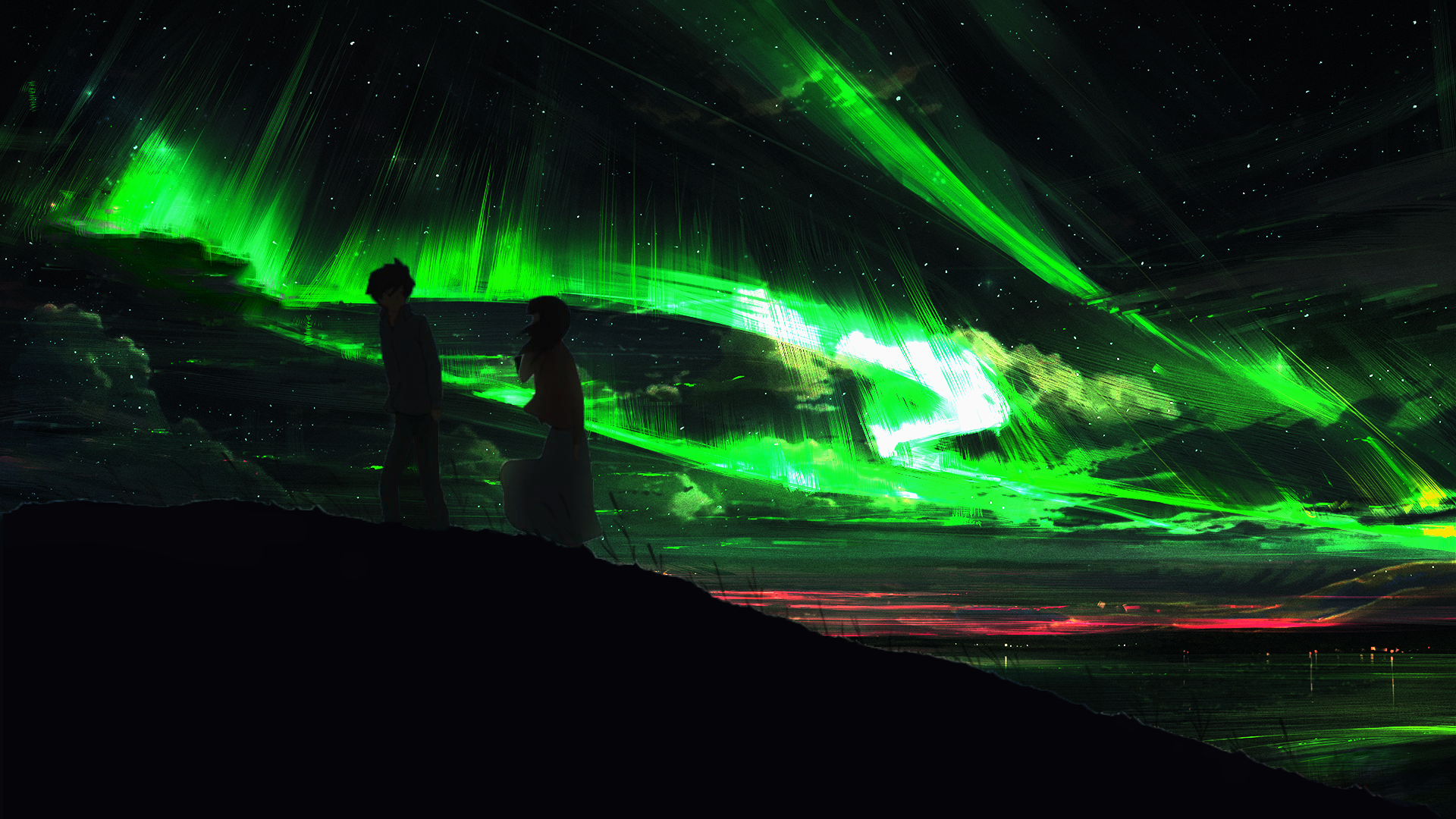 Two people watching the aurora borealis HD Wallpaper
