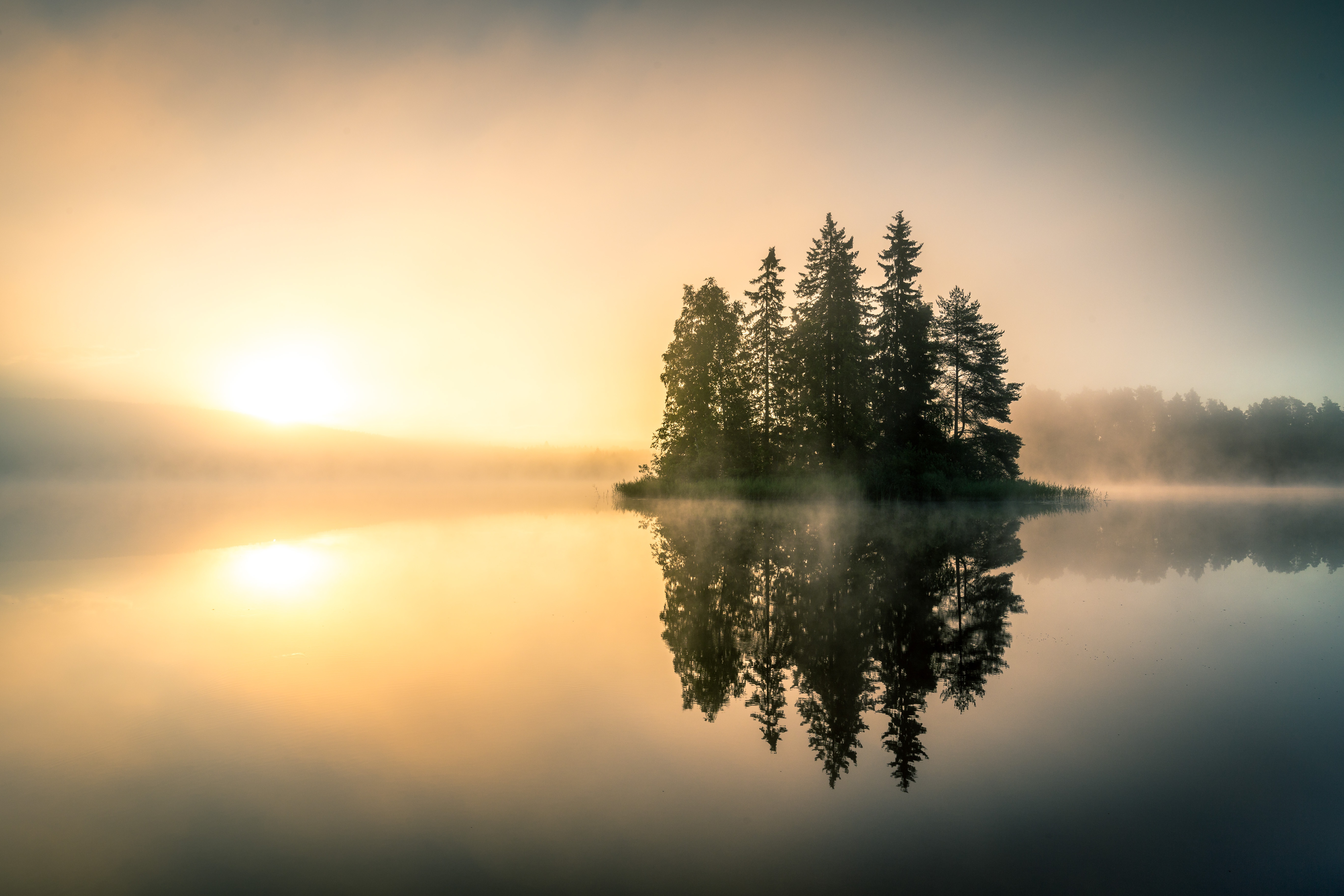 Misty lake sunrise with island reflection HD Wallpaper