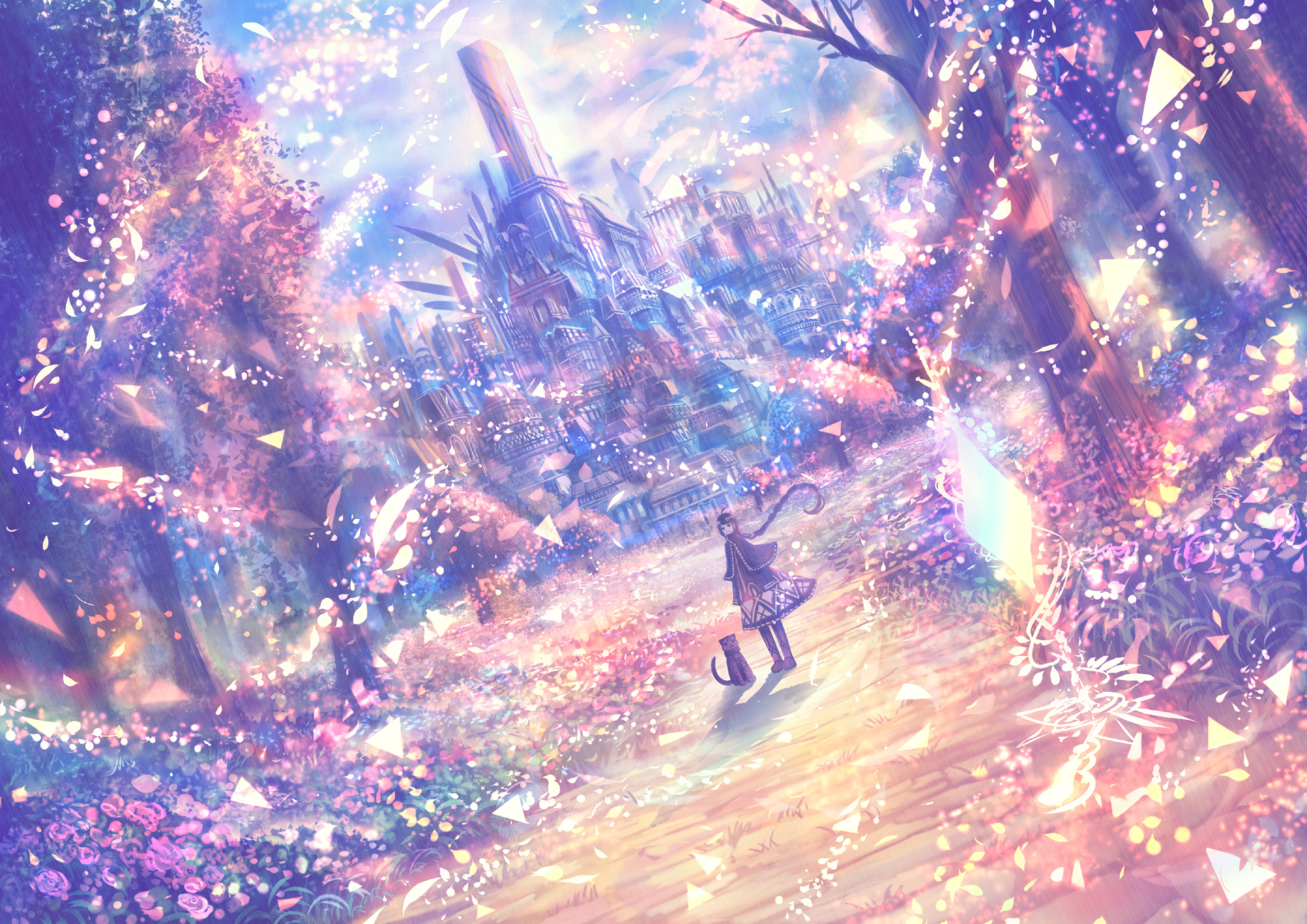 Anime girl and cat in a fantasy city HD Wallpaper