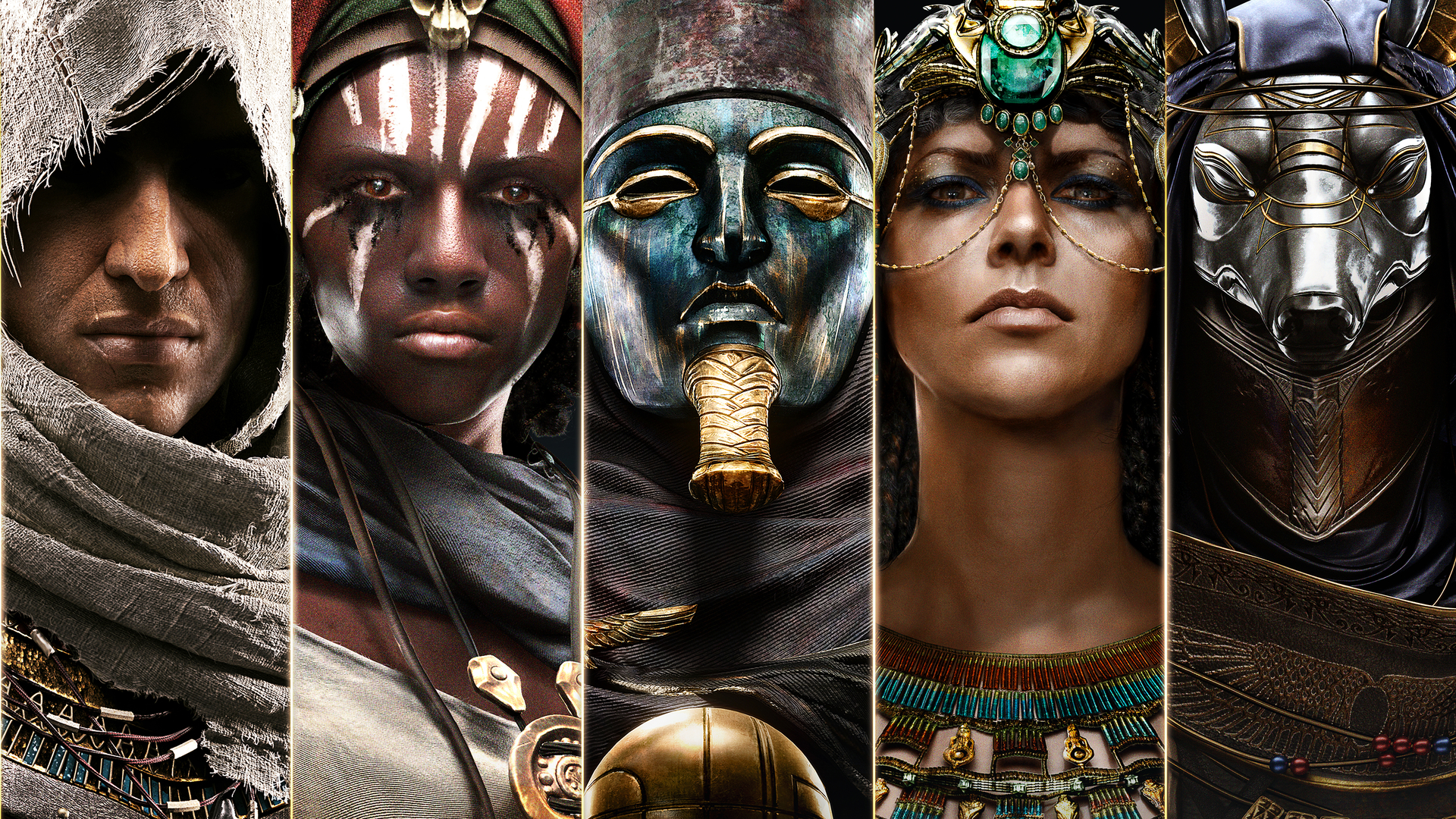 Assassin's Creed Origins characters: Bayek, Aya, and Anubis HD Wallpaper