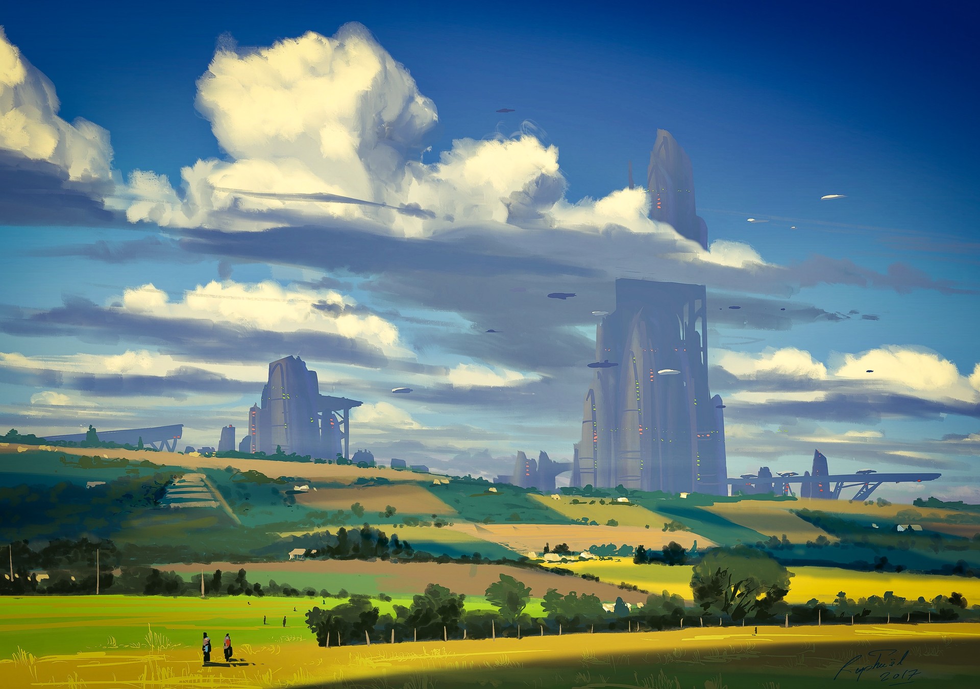 Futuristic cityscape in a rural landscape with flying vehicles HD Wallpaper