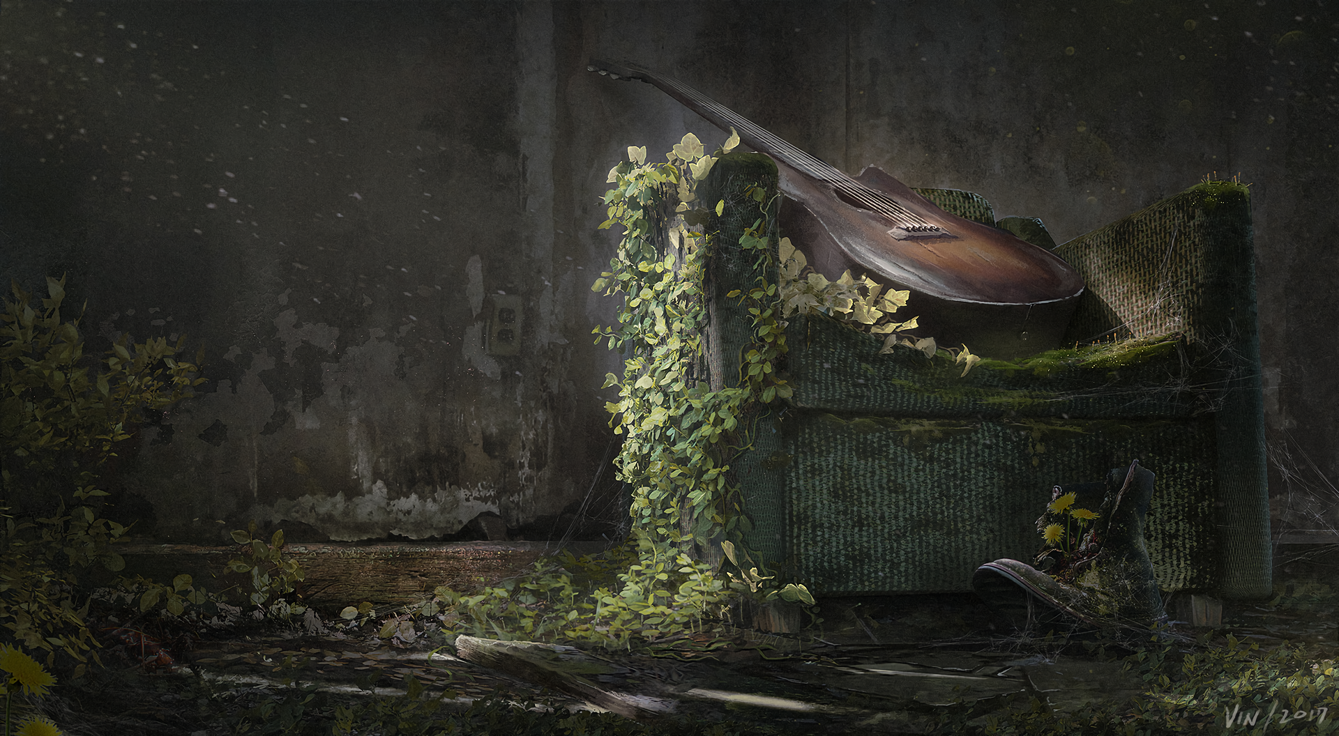 Guitar on a chair in overgrown ruins HD Wallpaper