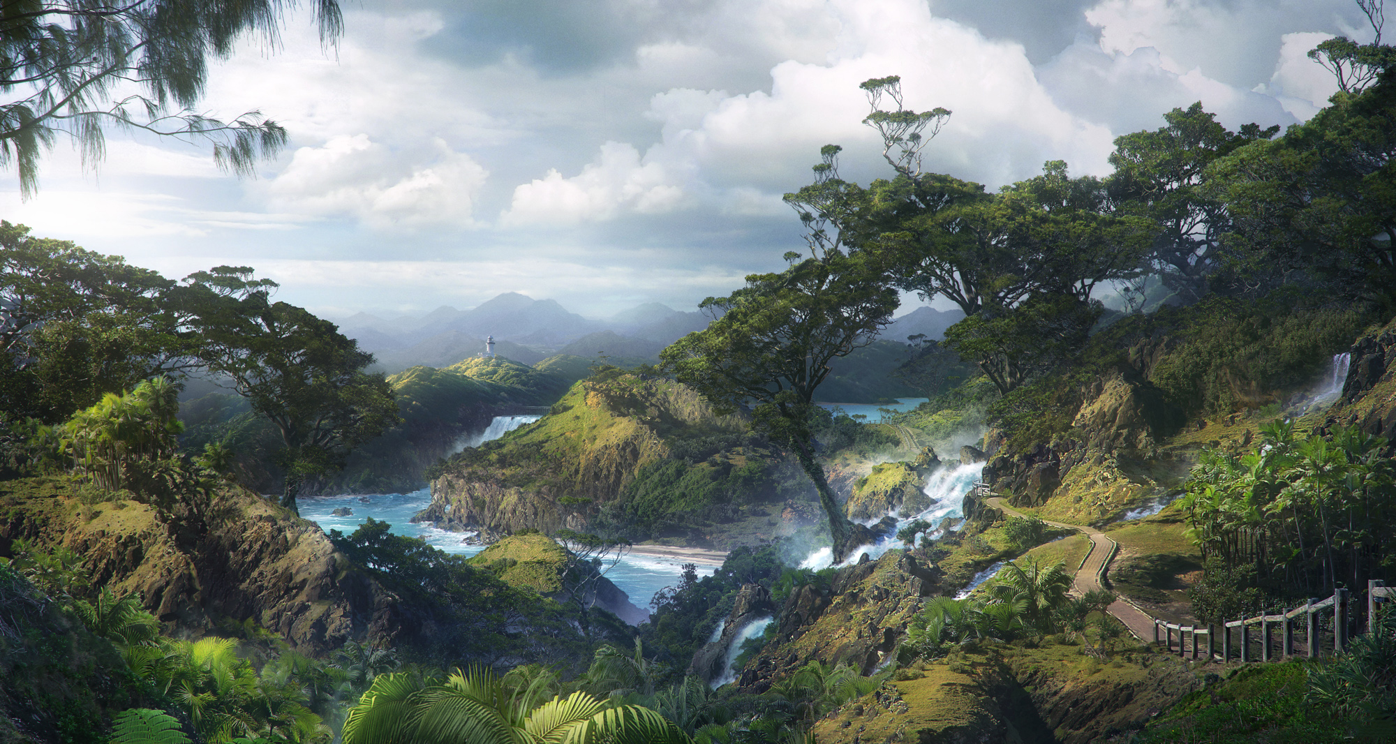 Fantasy landscape with waterfalls, rivers, and mountains HD Wallpaper