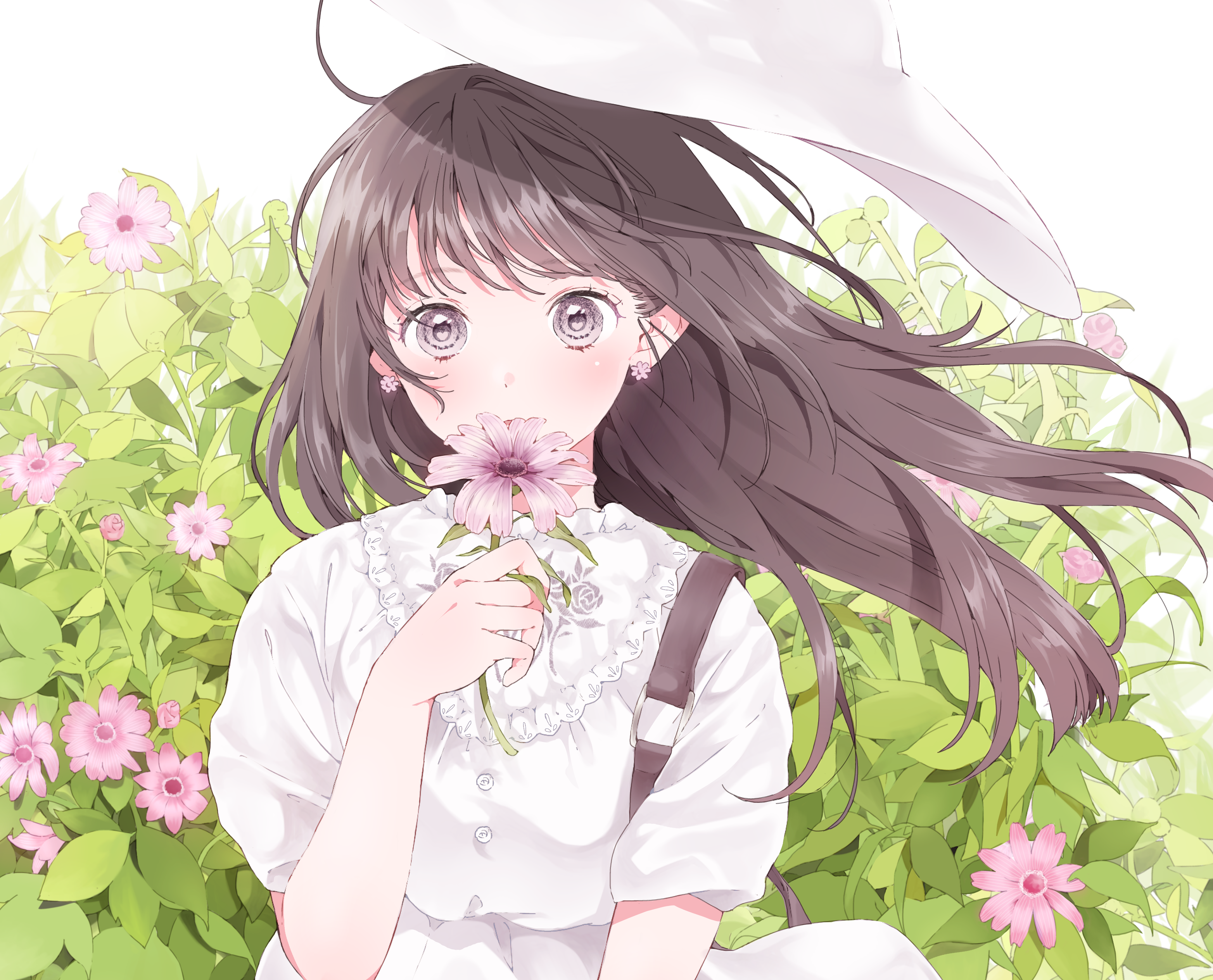 Anime girl with flower in garden HD Wallpaper