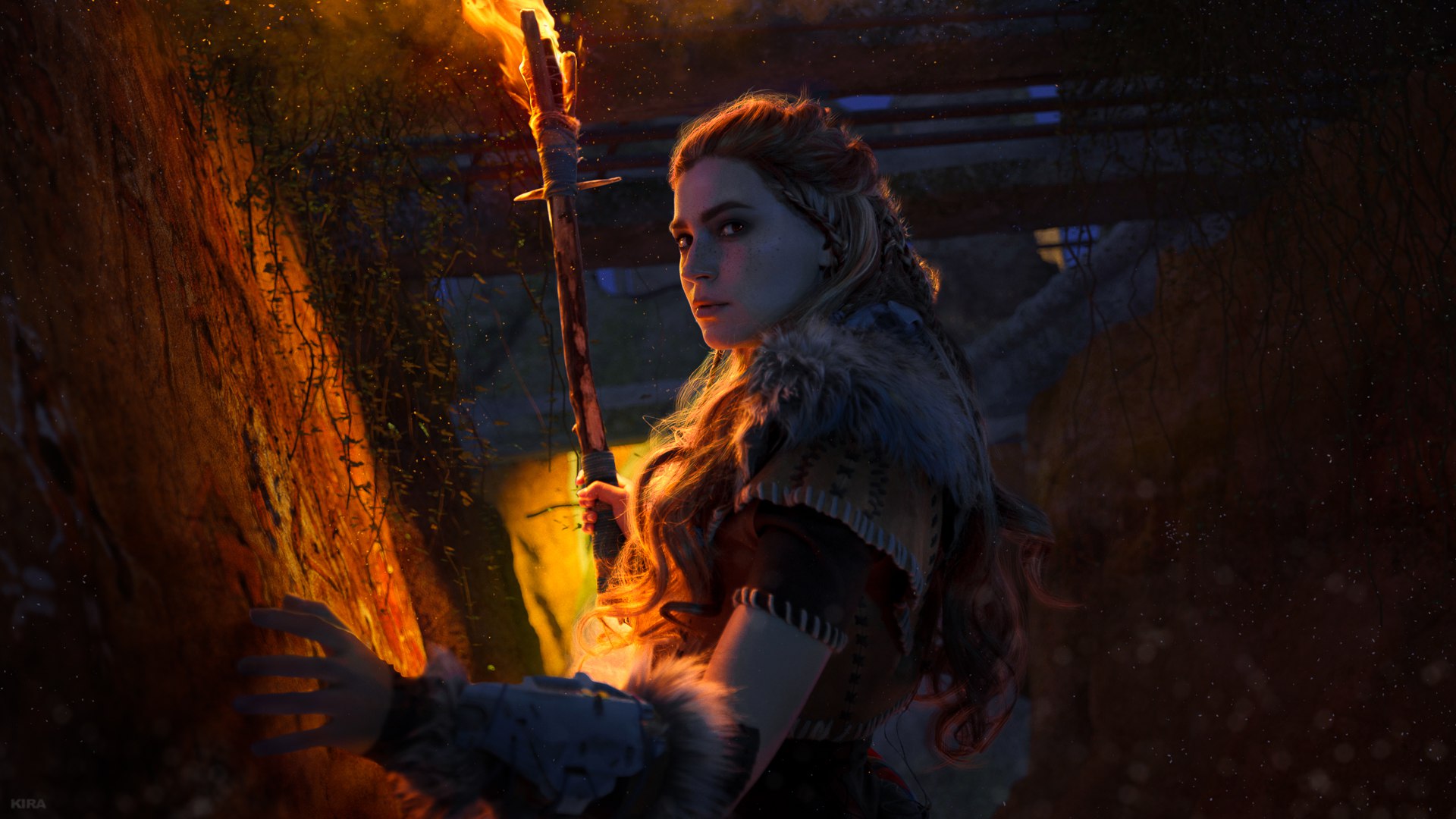 Aloy from Horizon Zero Dawn holding a torch HD Wallpaper