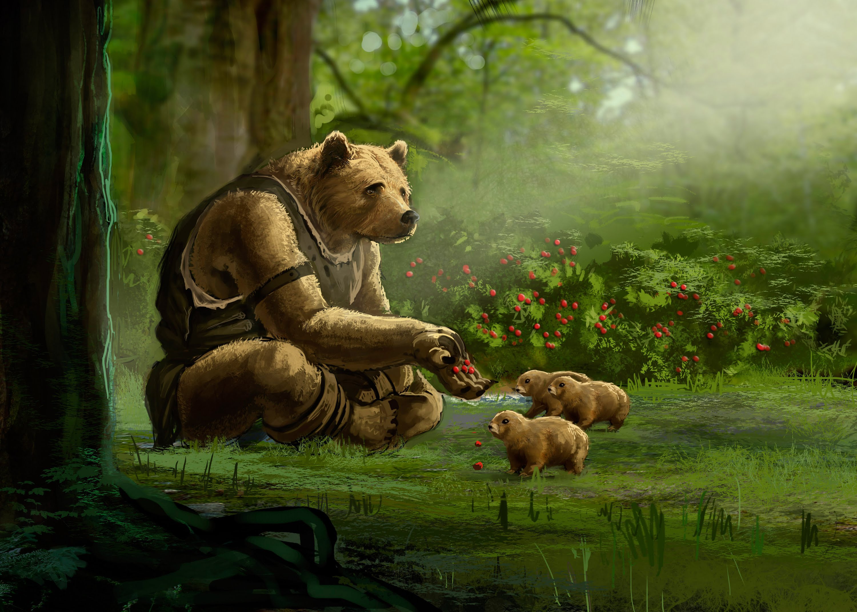 Anthropomorphic Bear feeding berries to cubs in forest HD Wallpaper