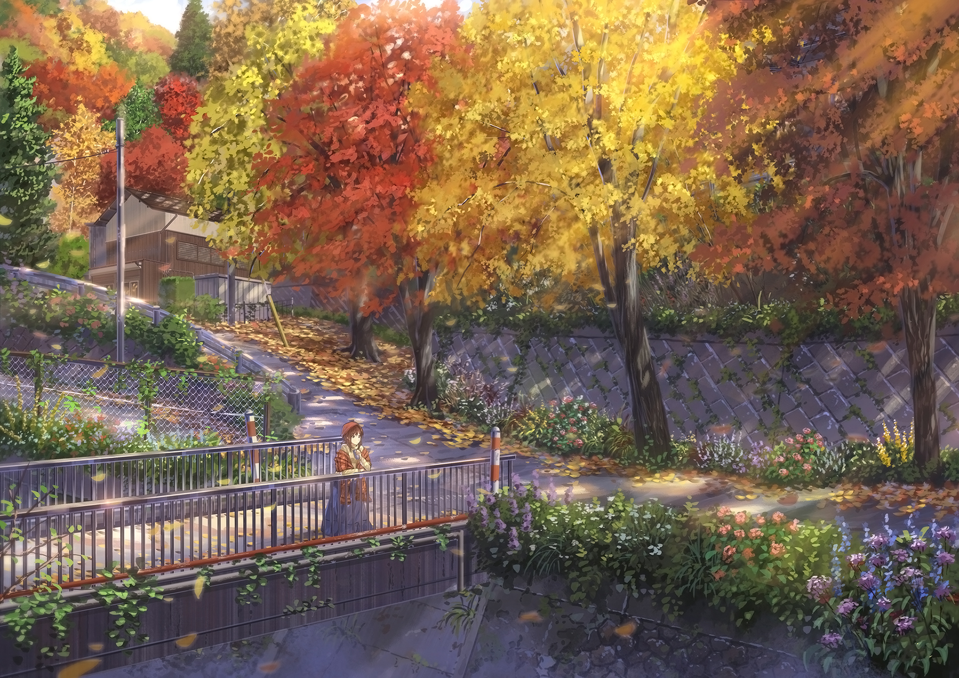 Anime girl on a bridge in autumn HD Wallpaper