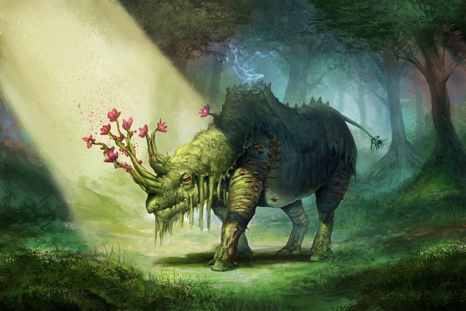 Fantasy rhino with flowers in a forest HD Wallpaper