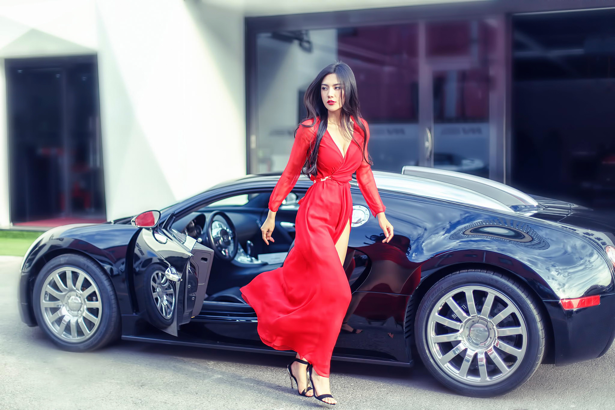 Woman in red dress next to Bugatti Veyron HD Wallpaper