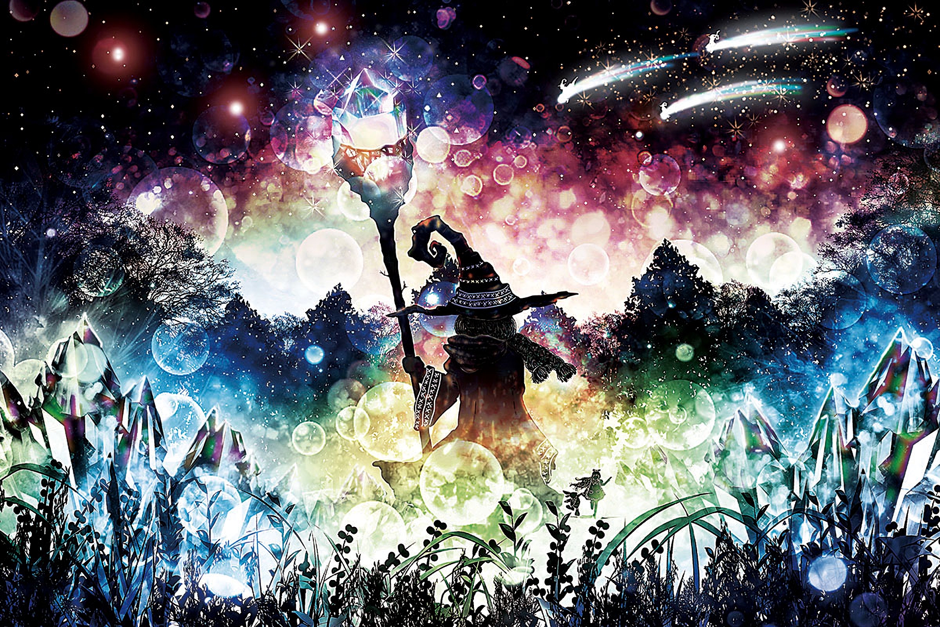 Fantasy Wizard with Crystal Staff in Cosmic Landscape HD Wallpaper