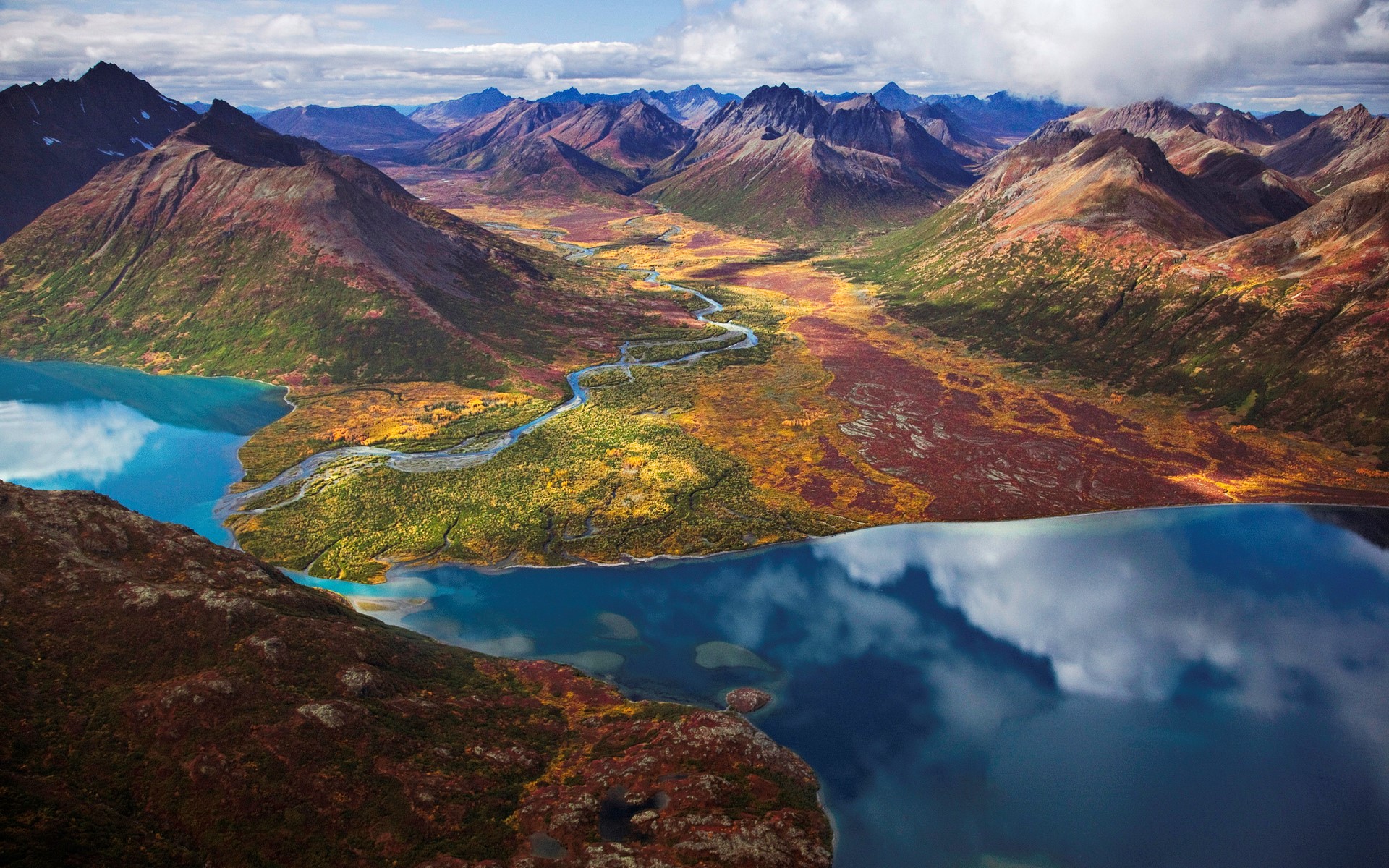 Autumn mountain valley with river and lake HD Wallpaper