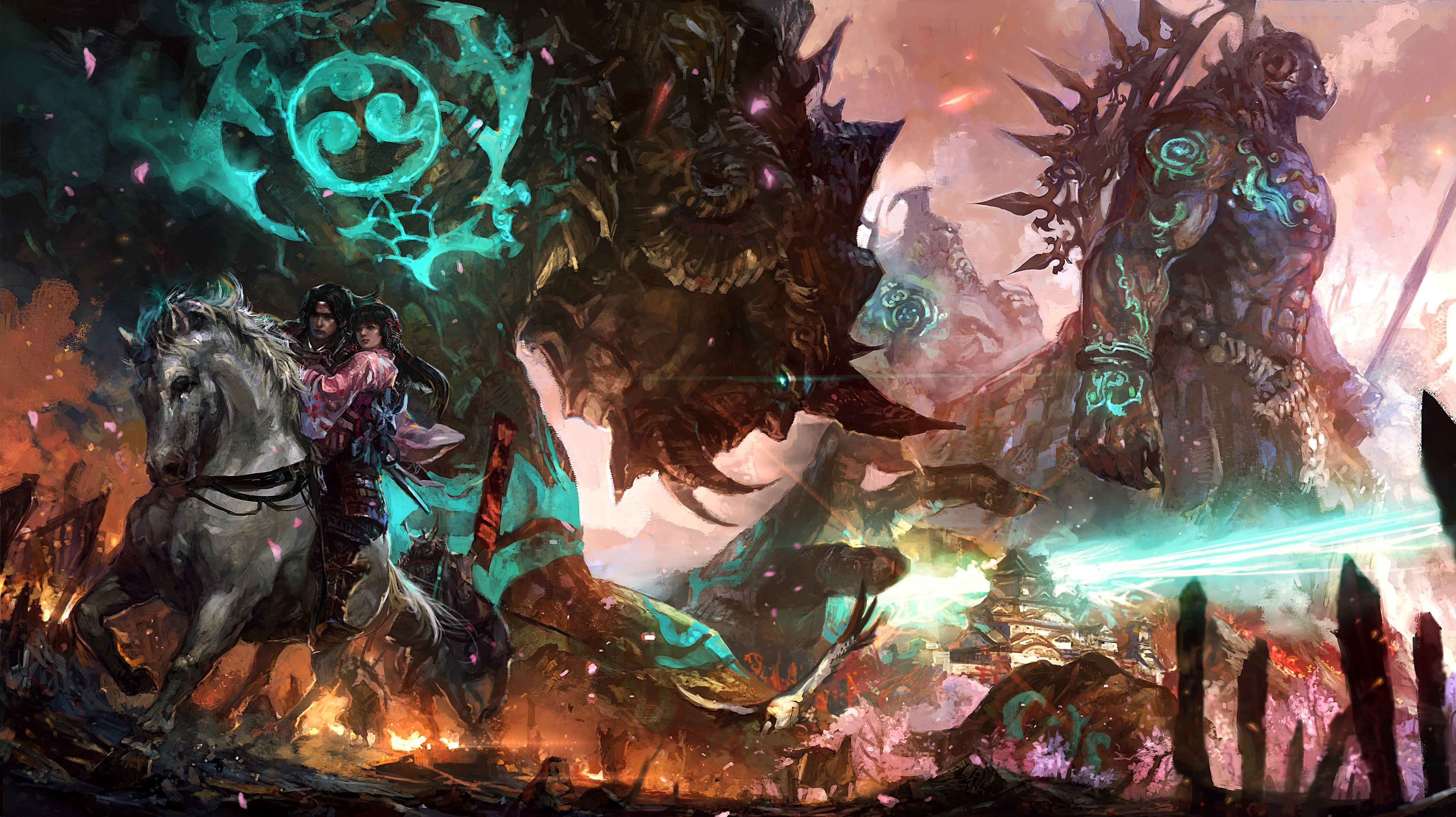 Giant Monsters and a Couple on a Horse HD Wallpaper