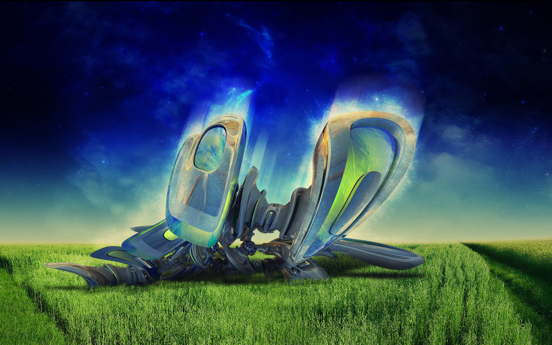 Abstract metallic sculpture in a grassy field HD Wallpaper