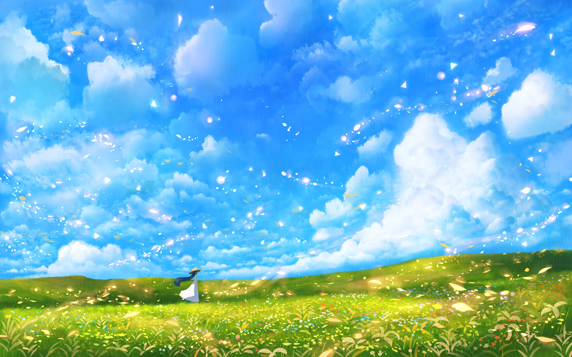 Girl in a meadow under a cloudy sky HD Wallpaper