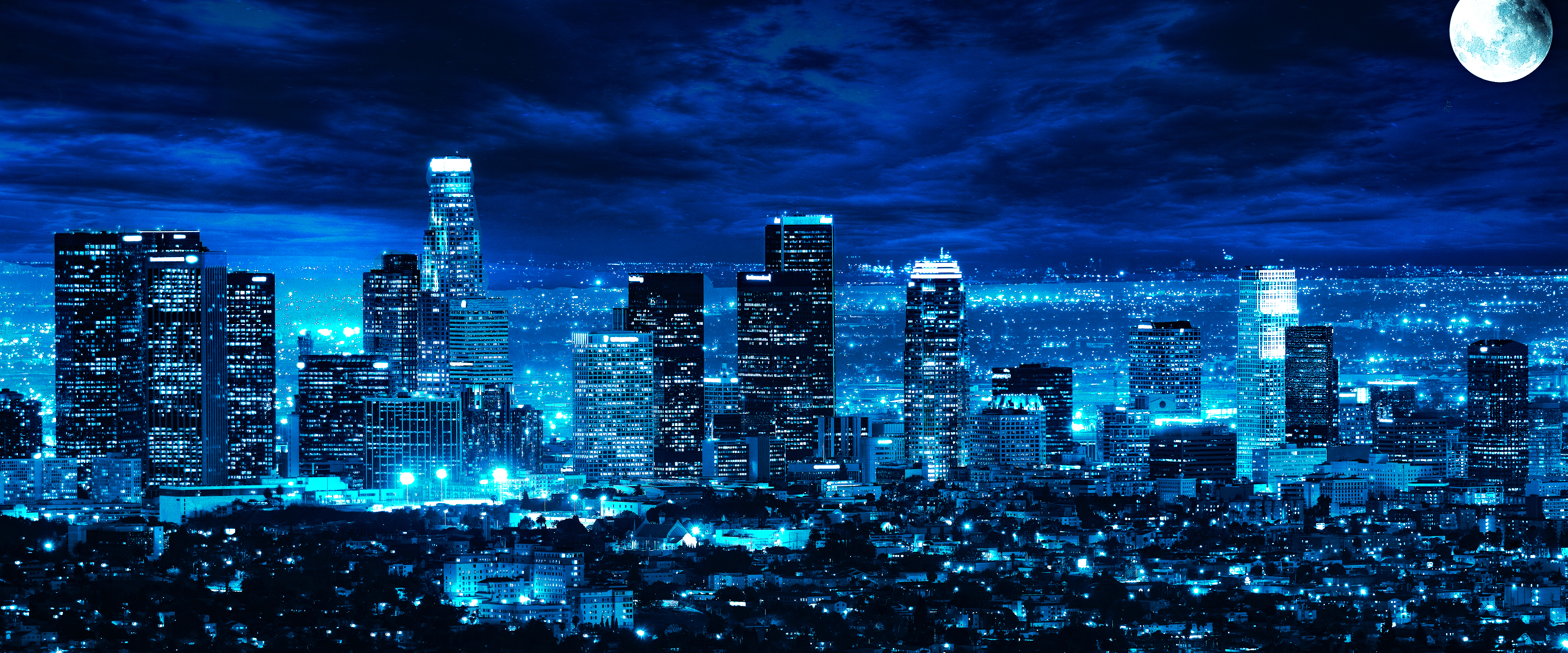 Blue Los Angeles cityscape at night with moon HD Wallpaper