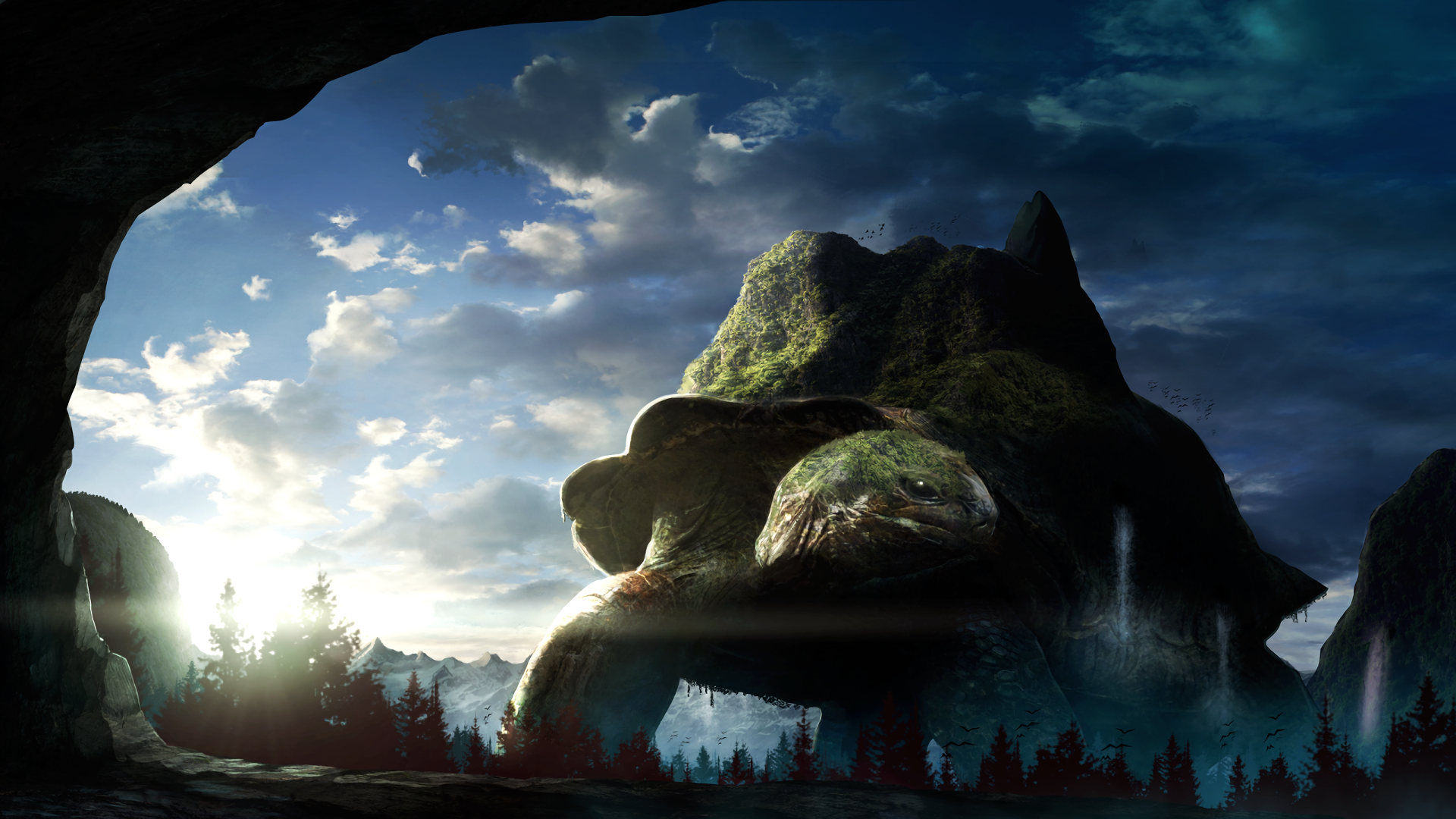 Giant Turtle Mountain with Waterfalls and Forest HD Wallpaper
