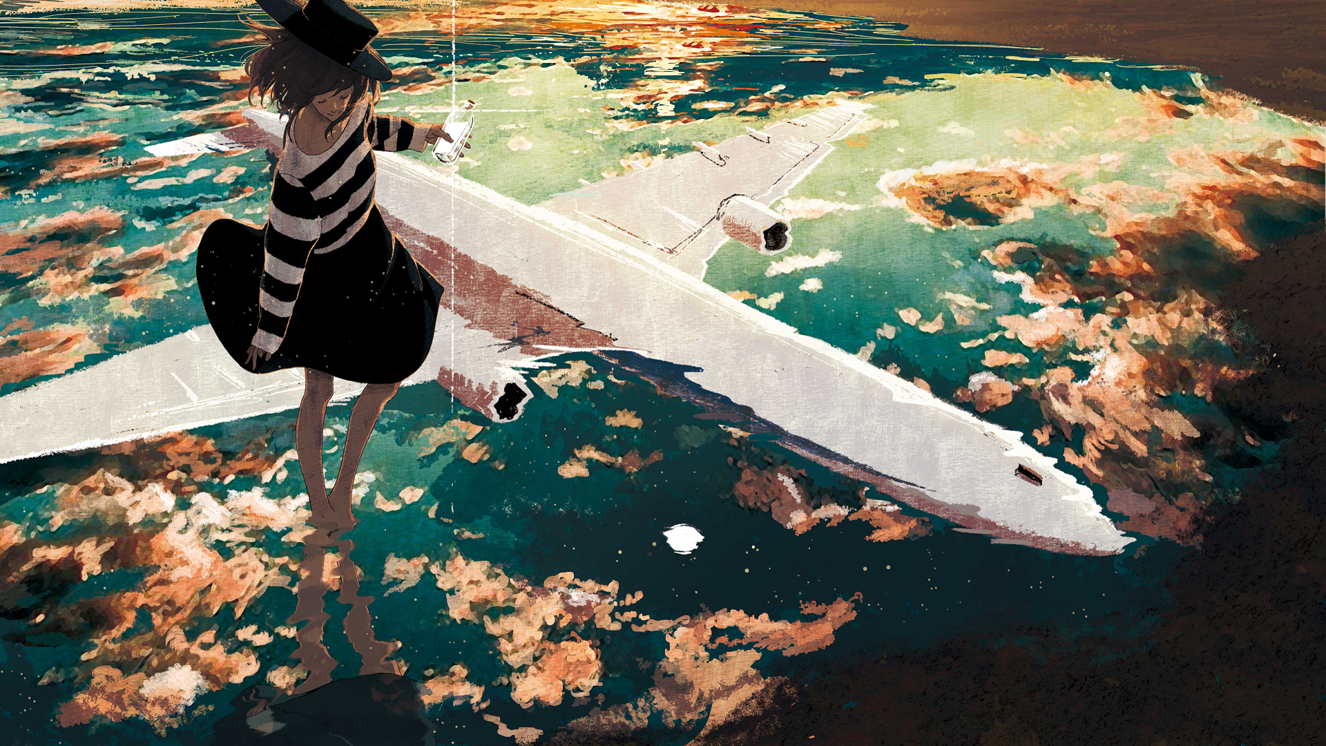 Girl in black hat and striped shirt on airplane over water HD Wallpaper