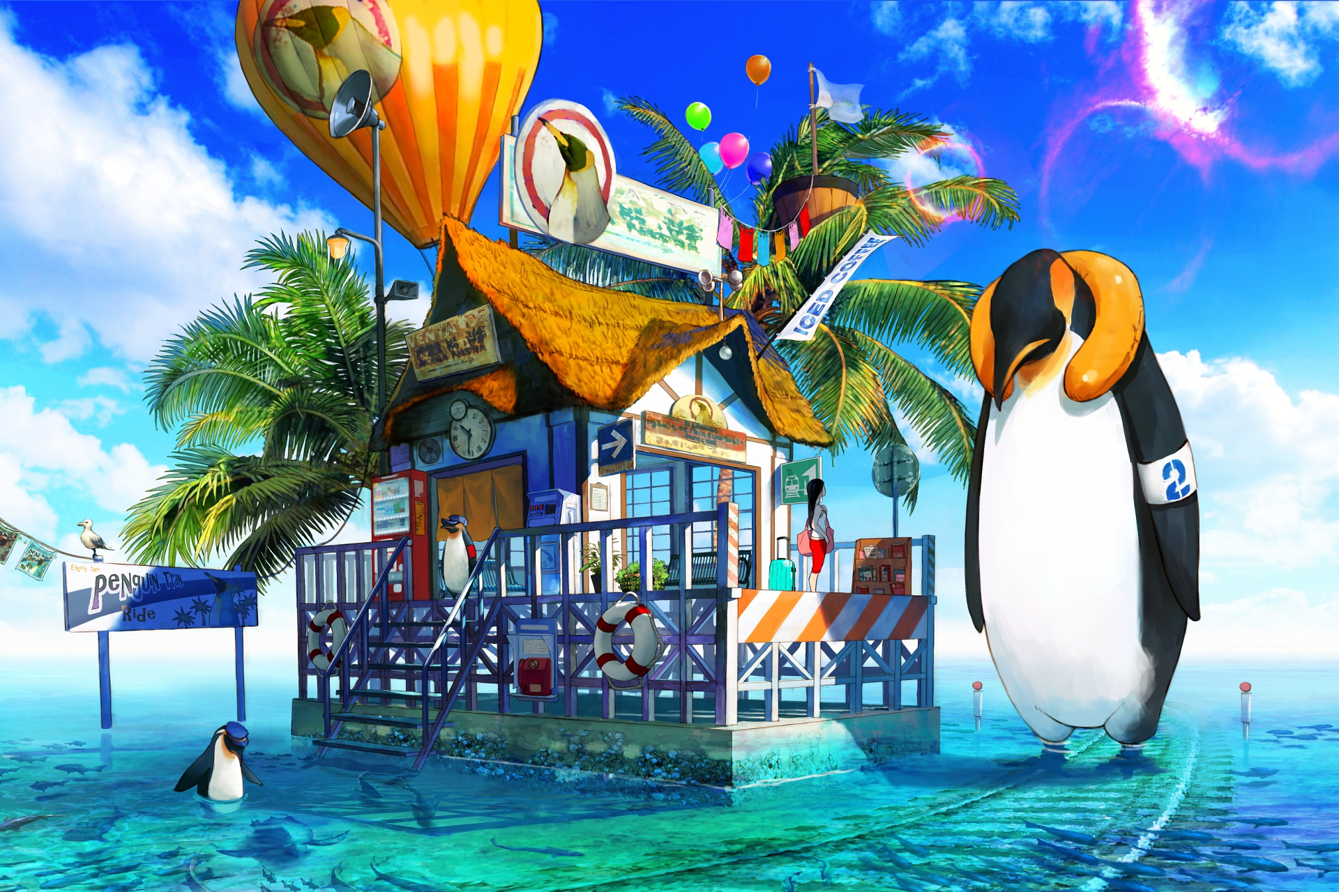 Penguin island resort with hot air balloon and girl HD Wallpaper