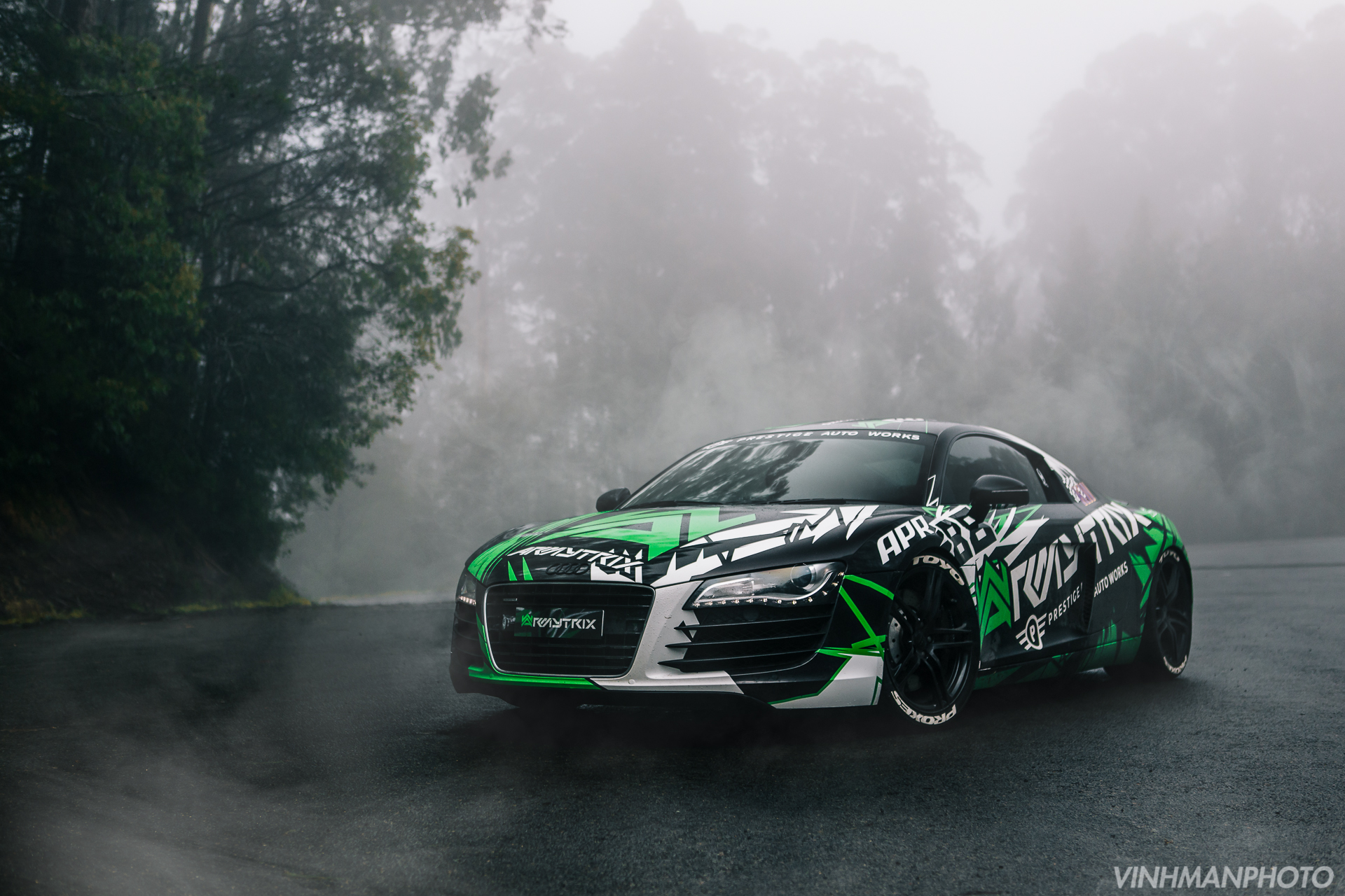 Audi R8 with custom livery on a foggy road HD Wallpaper