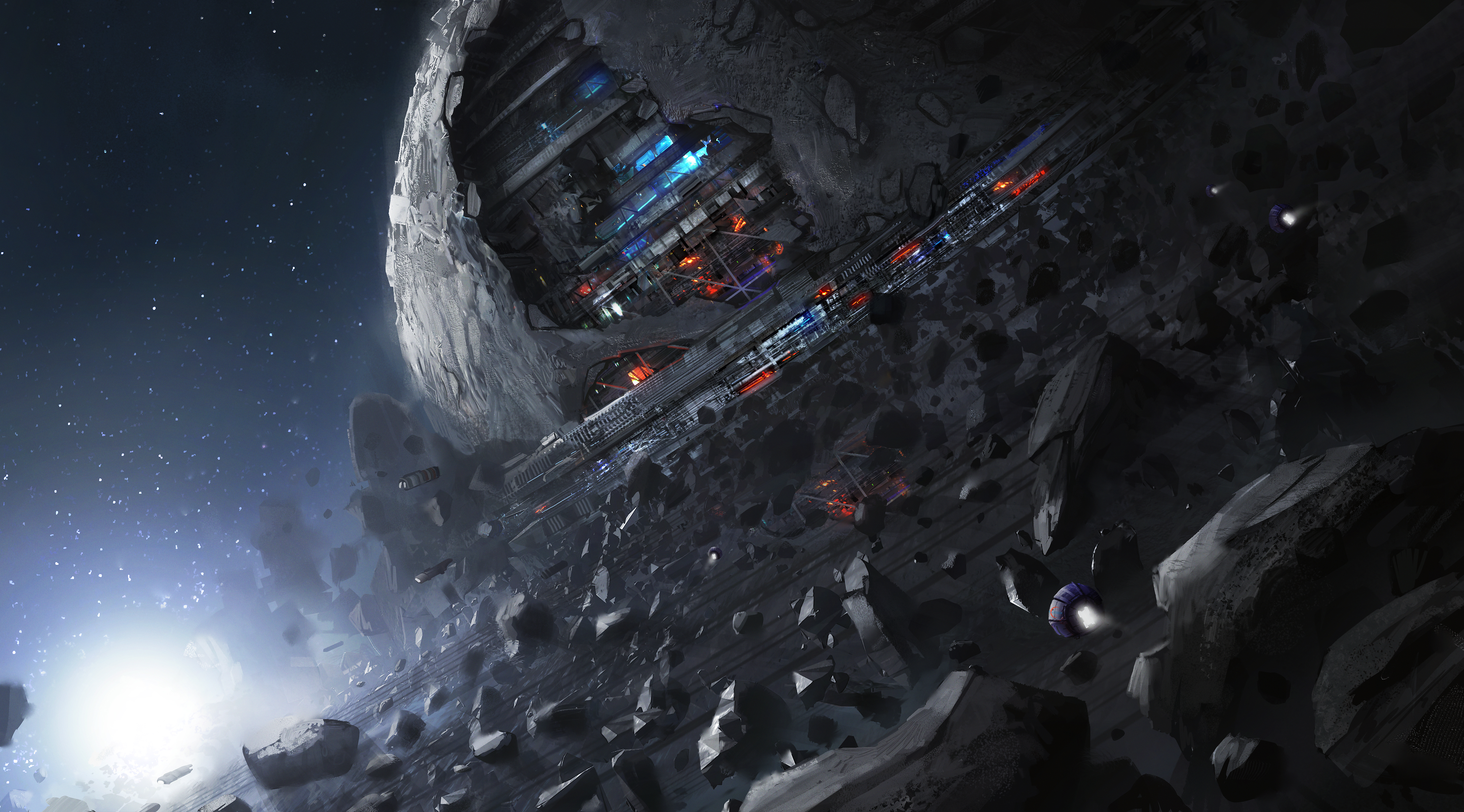 Asteroid mining station with spacecraft HD Wallpaper