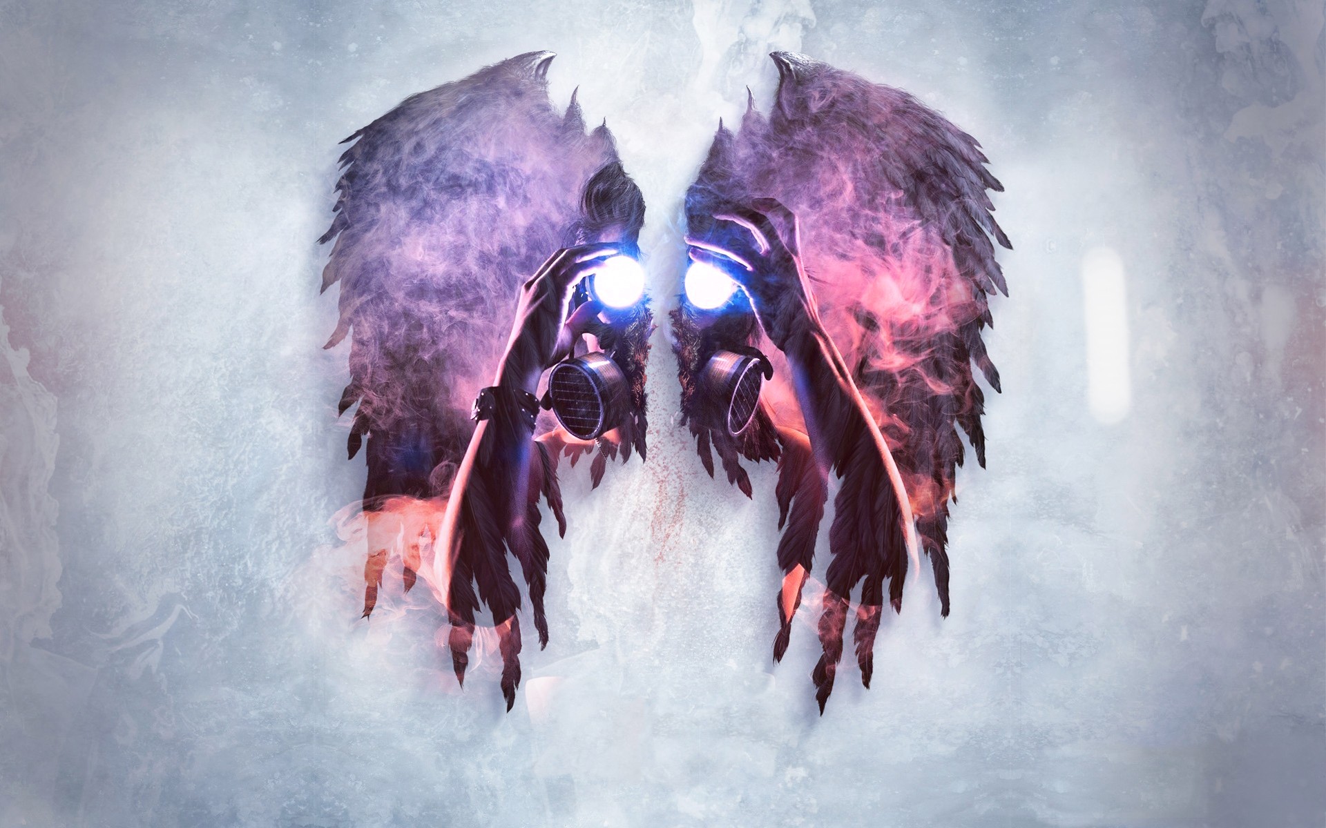 Person with gas mask and wings HD Wallpaper