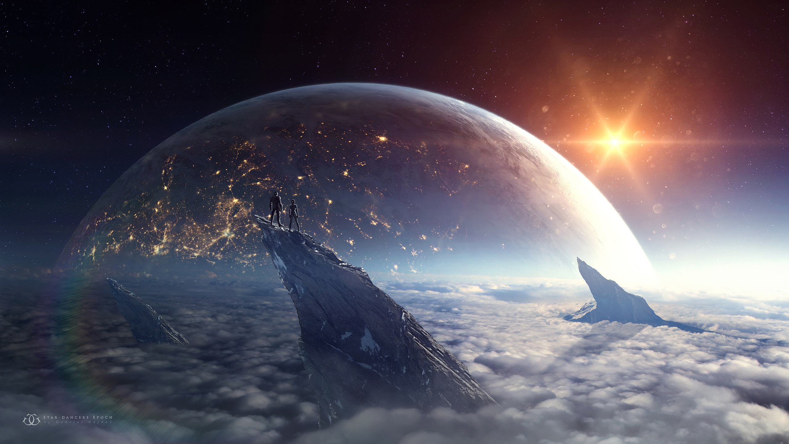 People on a rock above clouds with a planet and sun HD Wallpaper