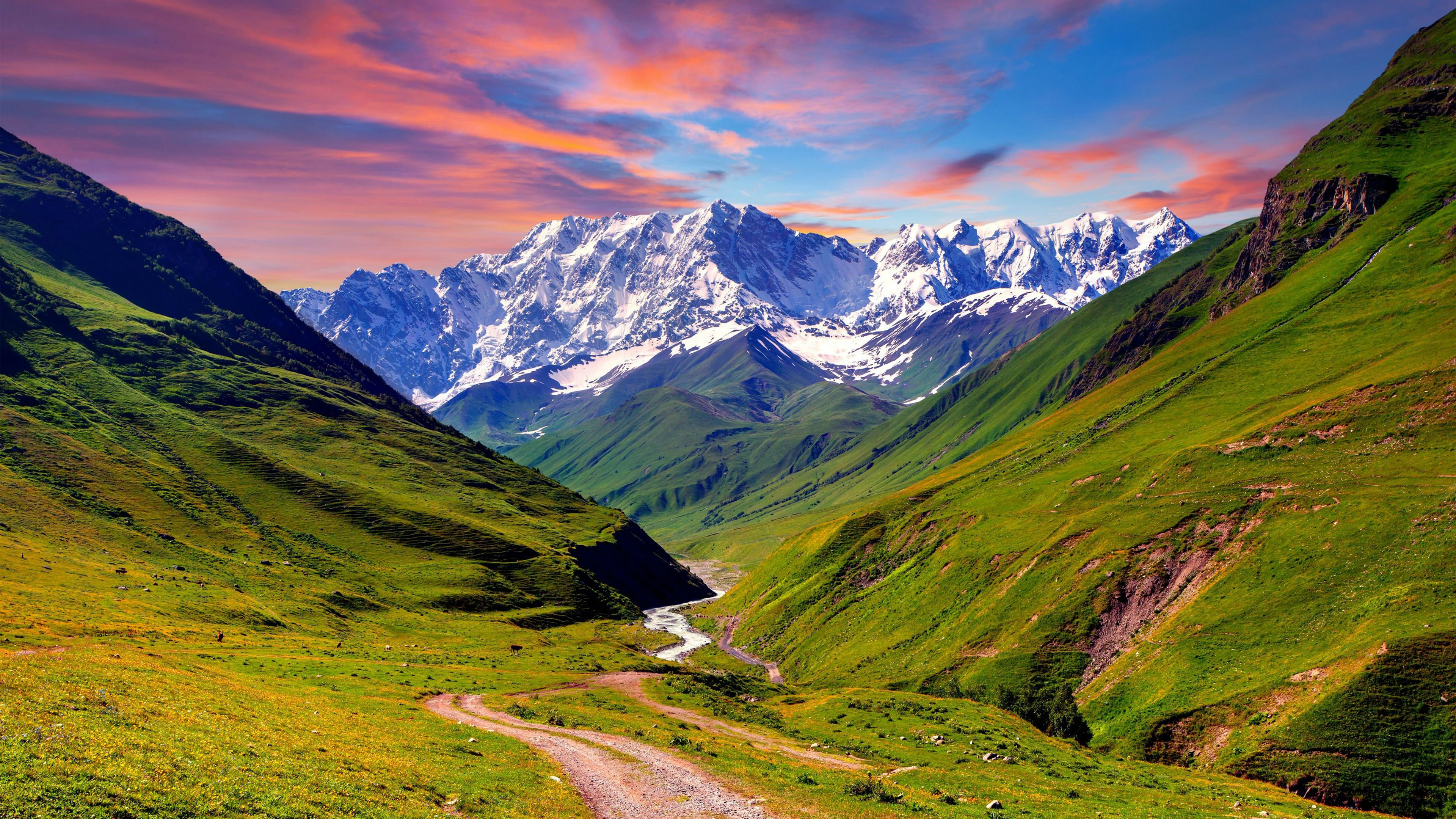 Mountain valley with river and sunset sky HD Wallpaper