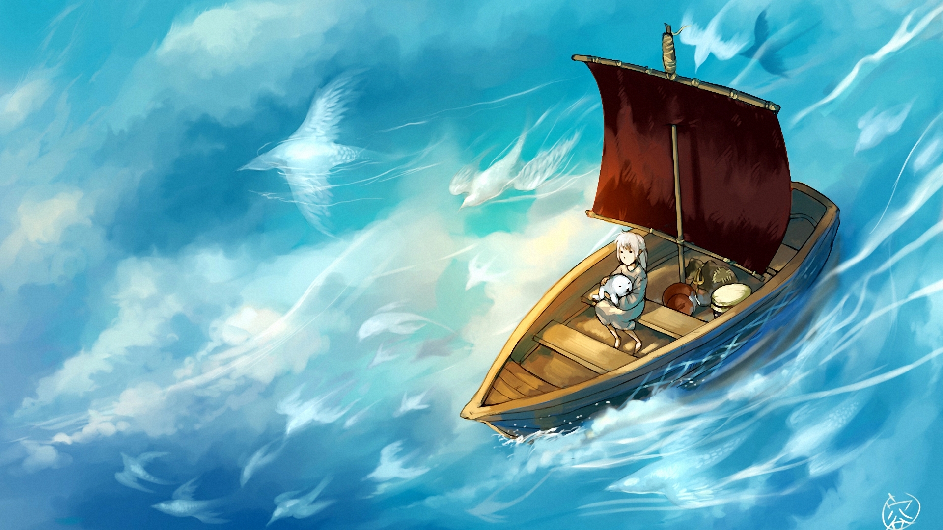 Girl with dog on a boat with birds HD Wallpaper