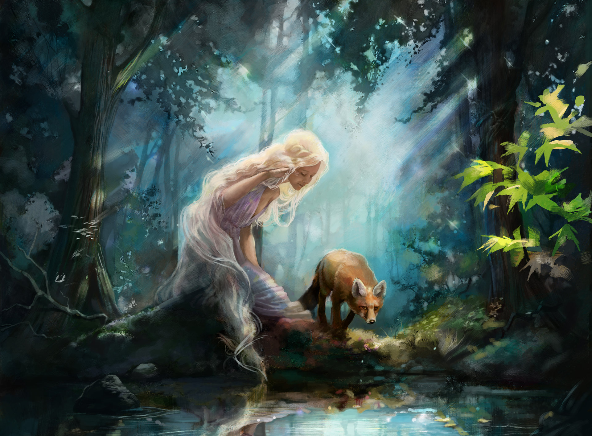 Fantasy woman with blonde hair and a fox in a forest HD Wallpaper