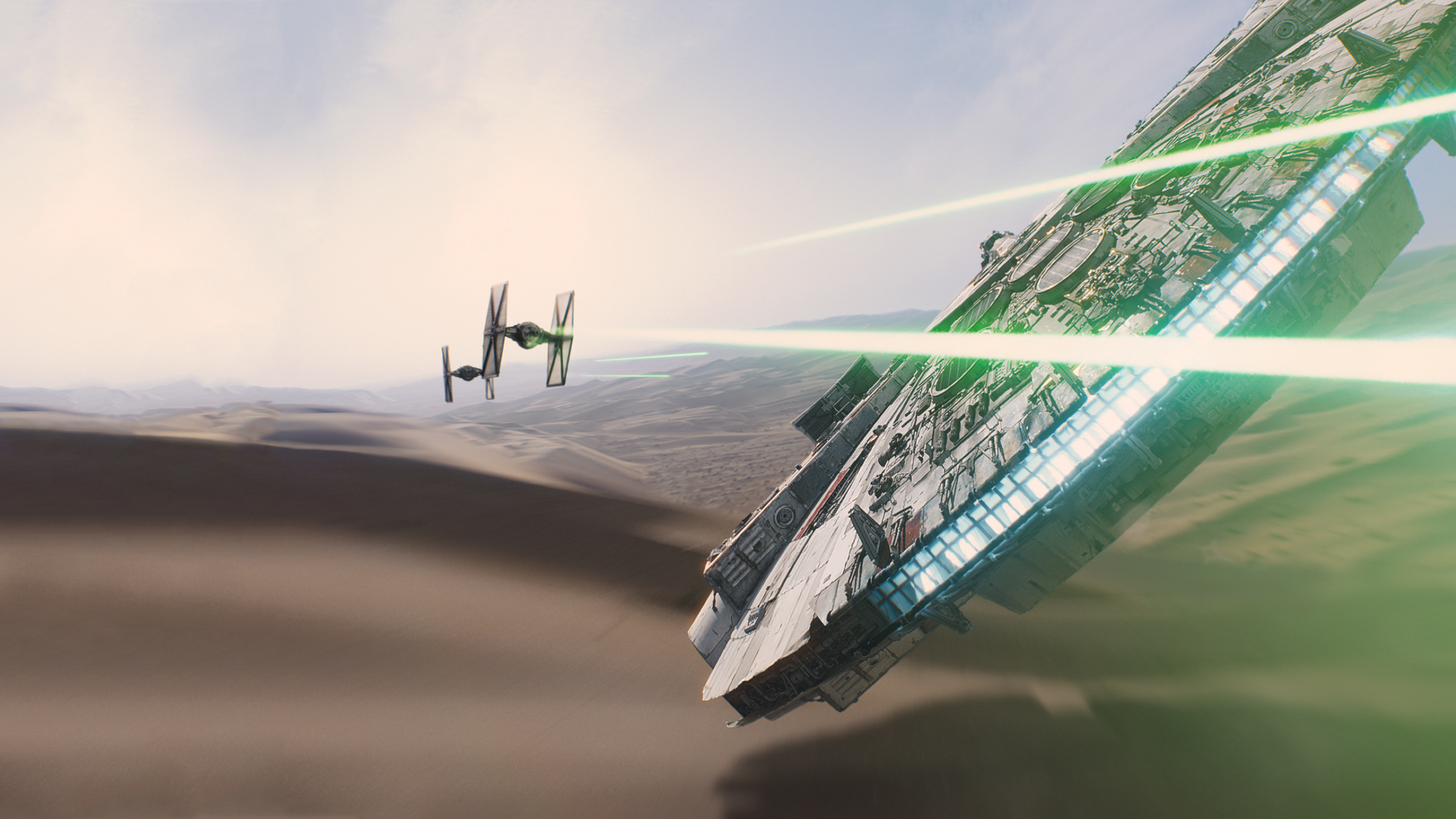 Millennium Falcon and TIE Fighter in desert HD Wallpaper