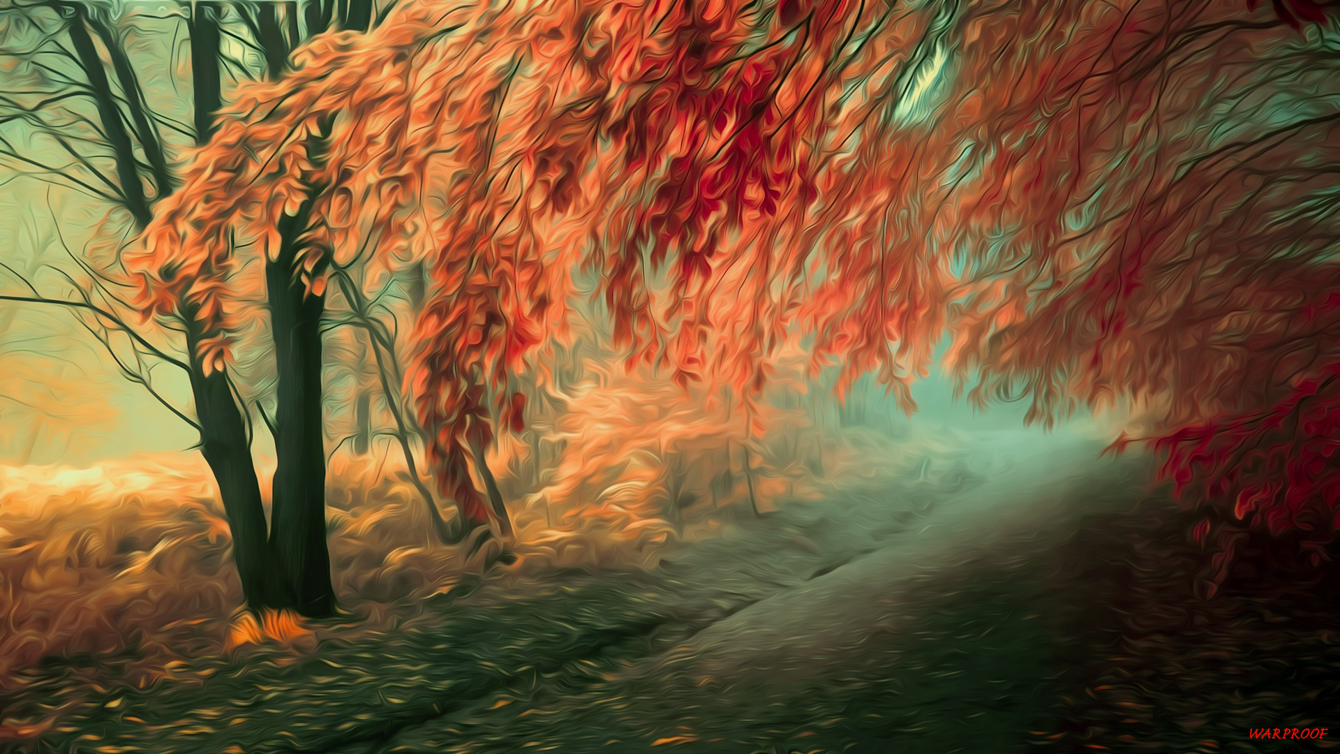 Autumn forest path with orange leaves HD Wallpaper