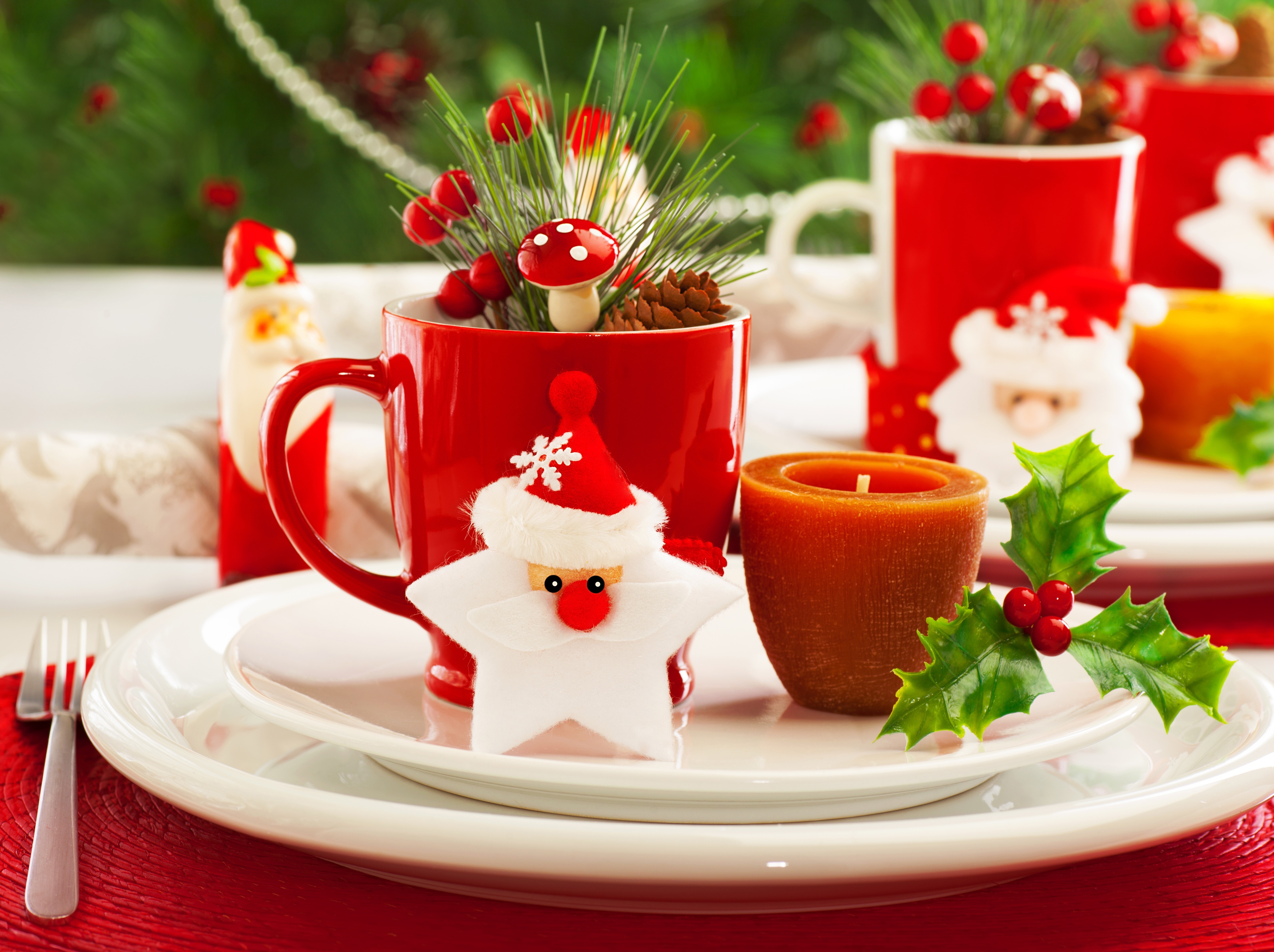 Christmas Table Setting with Santa Mug and Candle HD Wallpaper